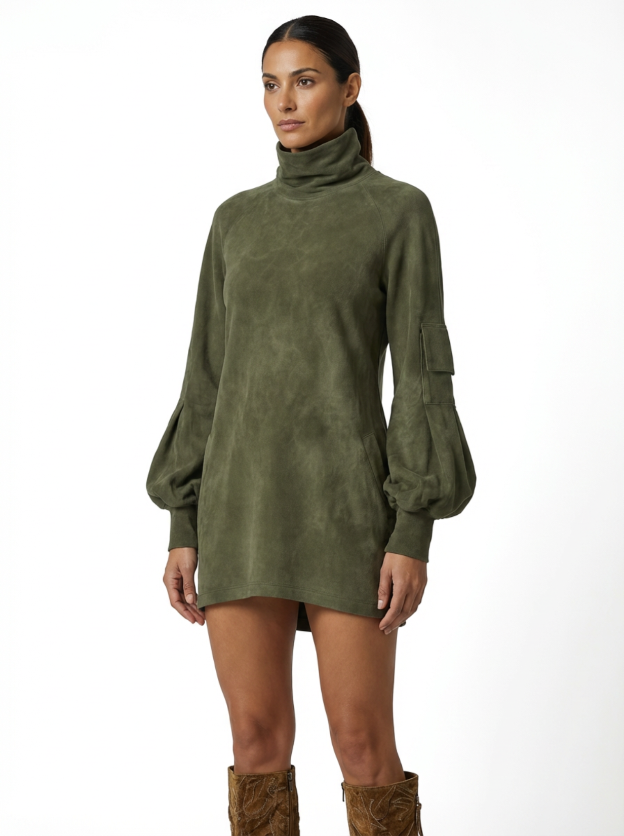 Mini Dress Women Loose Fit Turtleneck Long Sleeves Retro Style