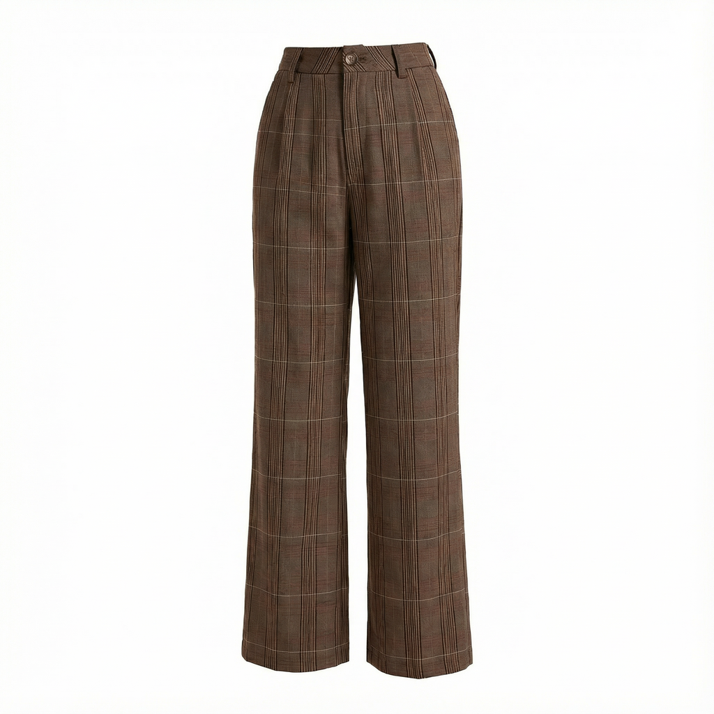 Pants Women Straight-Leg High-Rise Plaid Pattern