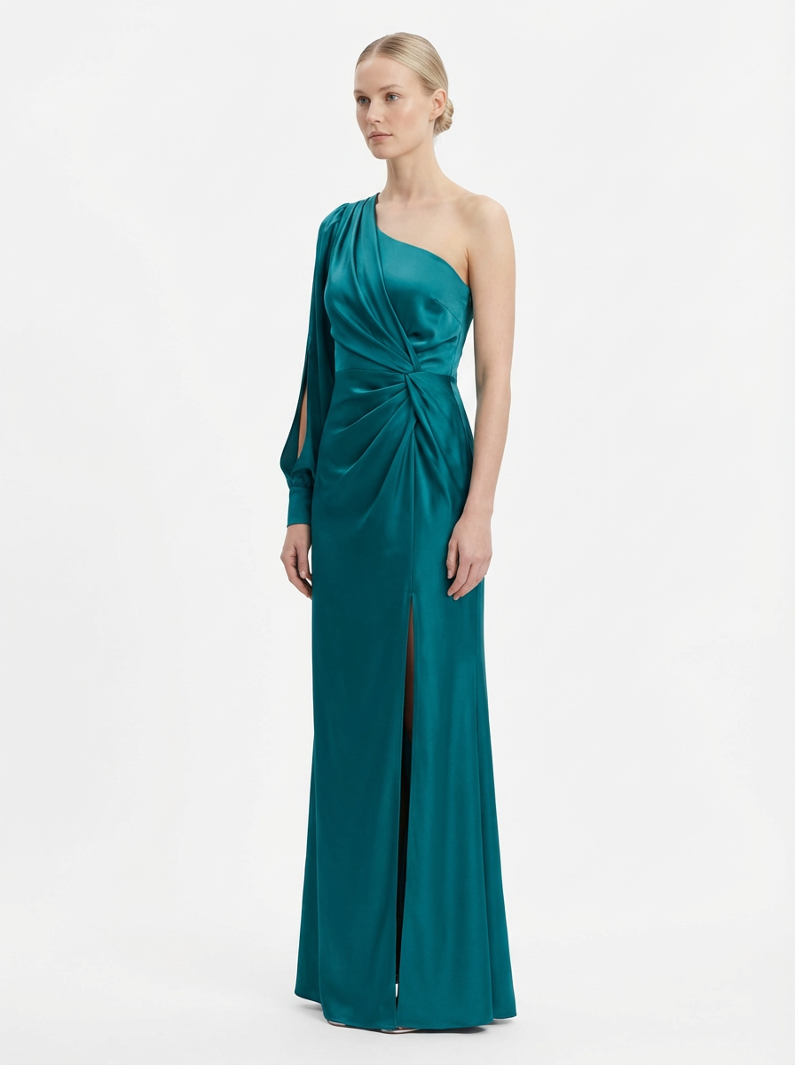 One-Shoulder Dress Women Draped Accent Front Split Classy Nights