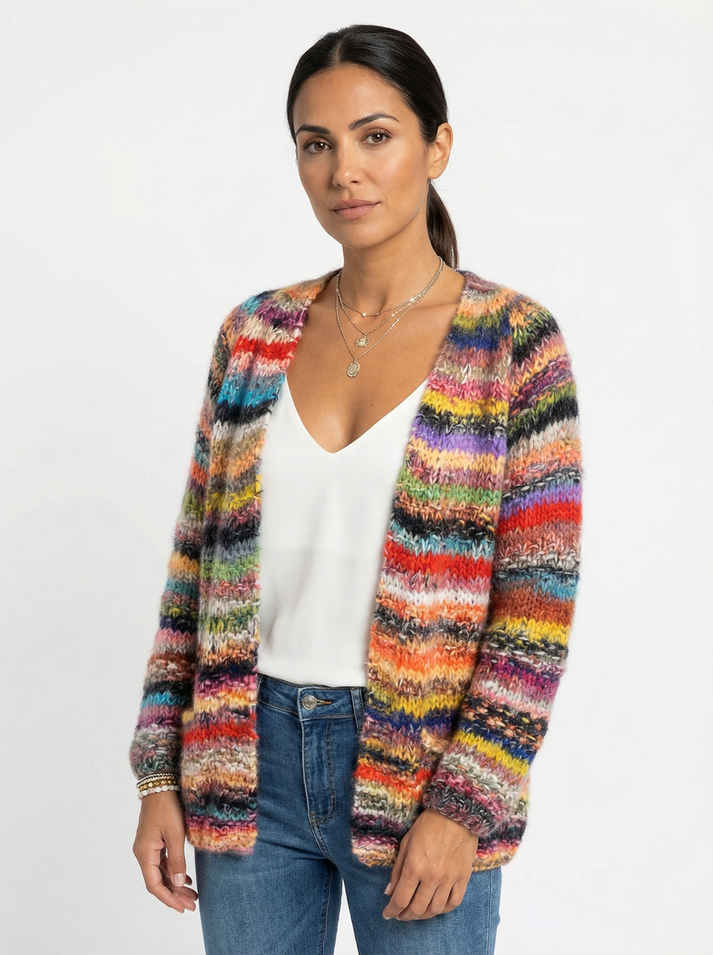 Cardigan Women Open Front Contrast Stripes