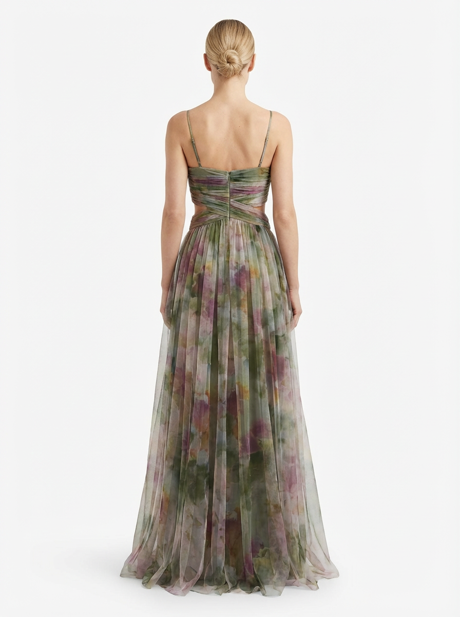 Maxi Dress Women Floral Pattern Tie-Front Waist Flowing Skirt