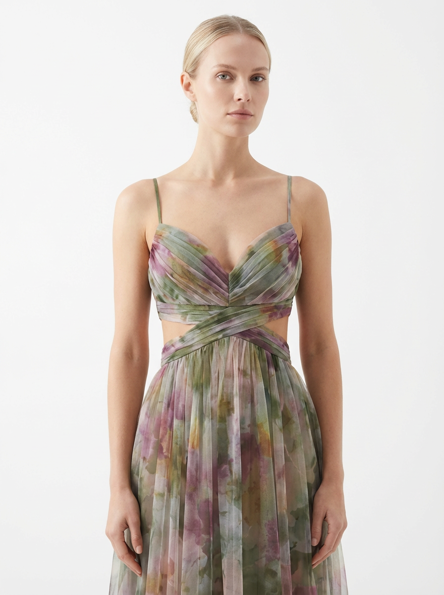 Maxi Dress Women Floral Pattern Tie-Front Waist Flowing Skirt