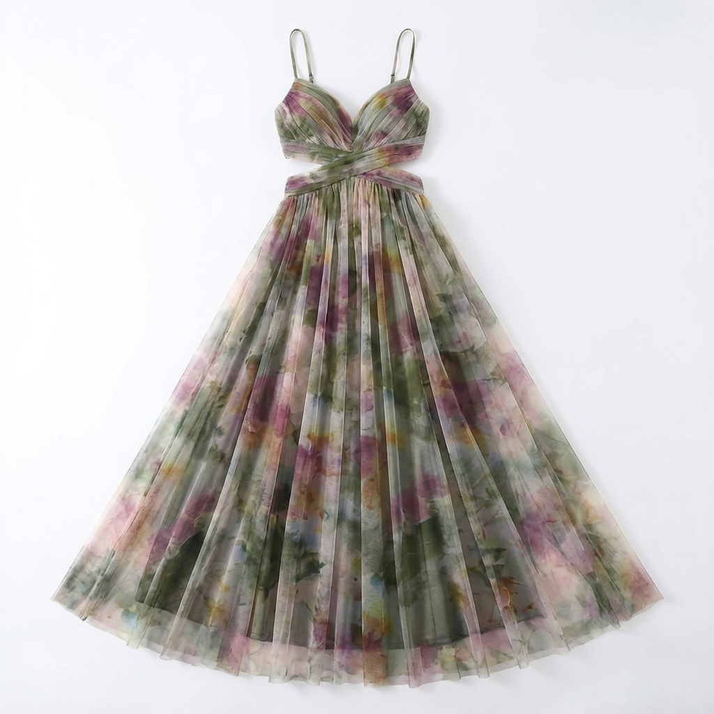 Maxi Dress Women Floral Pattern Tie-Front Waist Flowing Skirt
