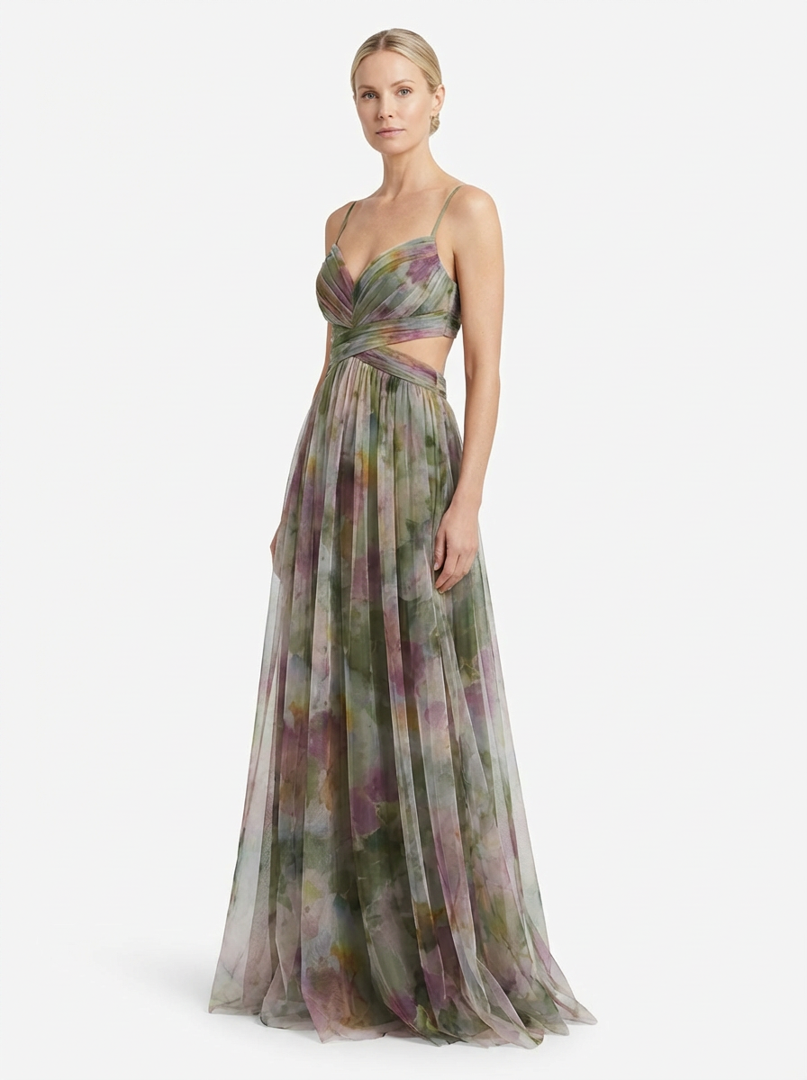 Maxi Dress Women Floral Pattern Tie-Front Waist Flowing Skirt