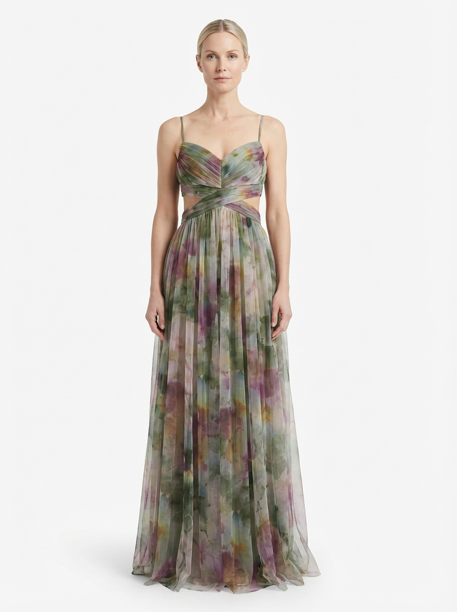 Maxi Dress Women Floral Pattern Tie-Front Waist Flowing Skirt