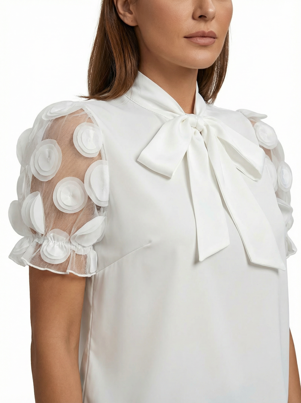 Blouse for Women with Decorative Tie and Sheer Sleeve Detail