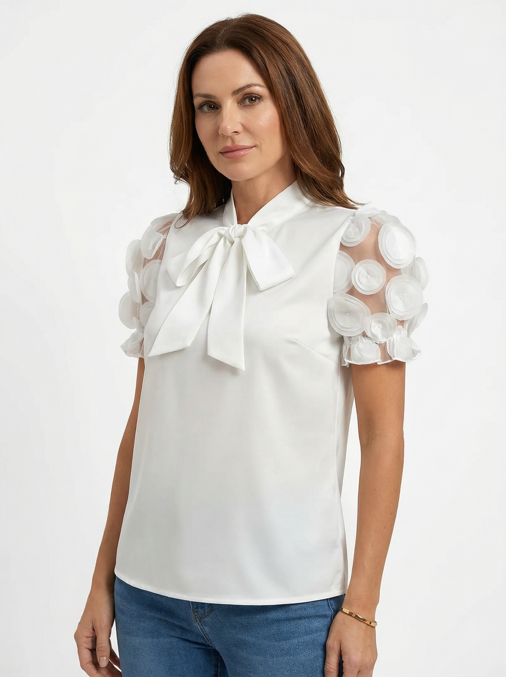 Blouse for Women with Decorative Tie and Sheer Sleeve Detail