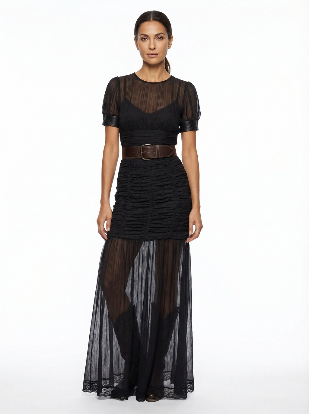 Maxi Dress Women Pleated Button Front Short Sleeve Defined Waist