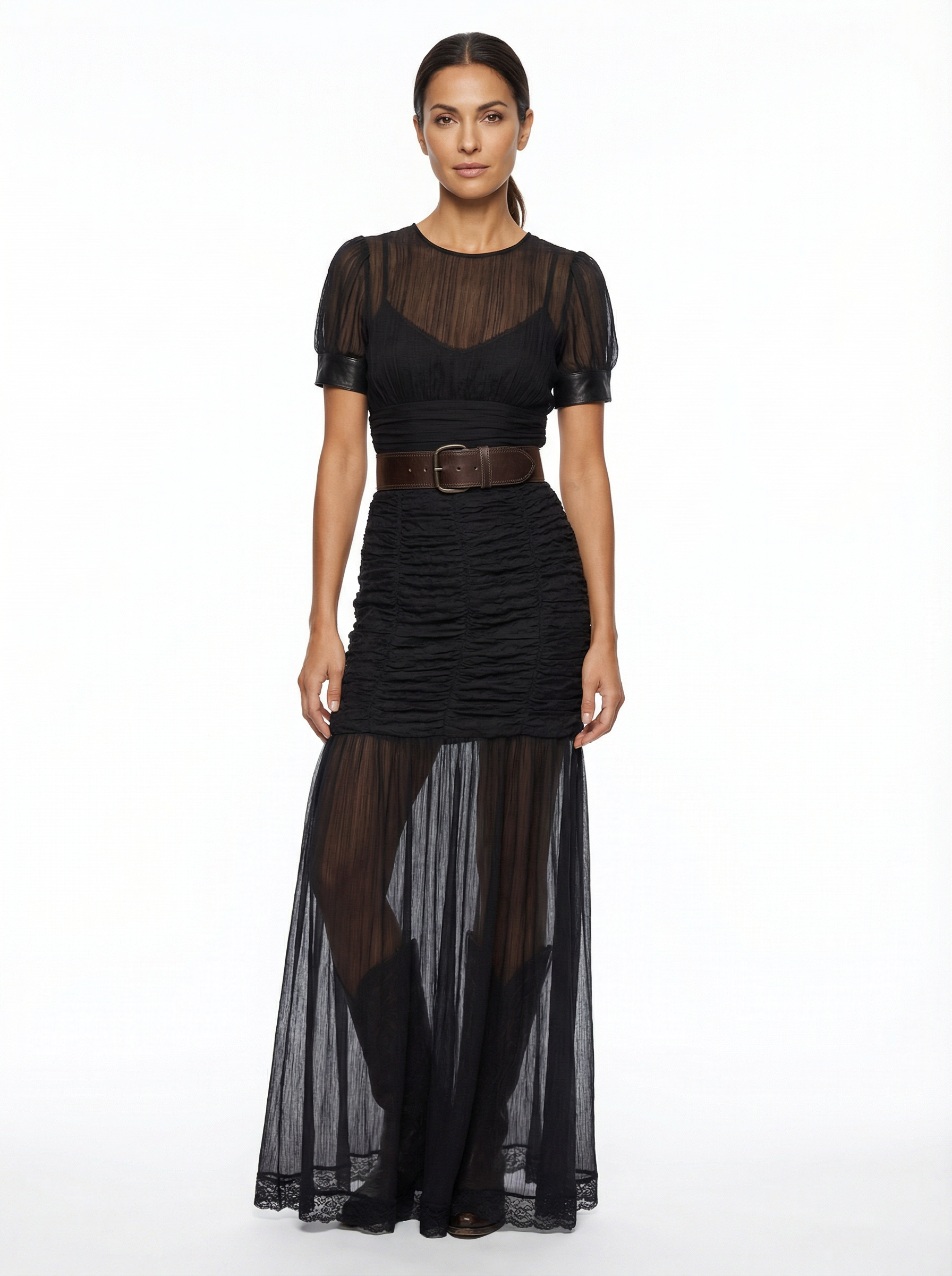 Maxi Dress Women Pleated Button Front Short Sleeve Defined Waist