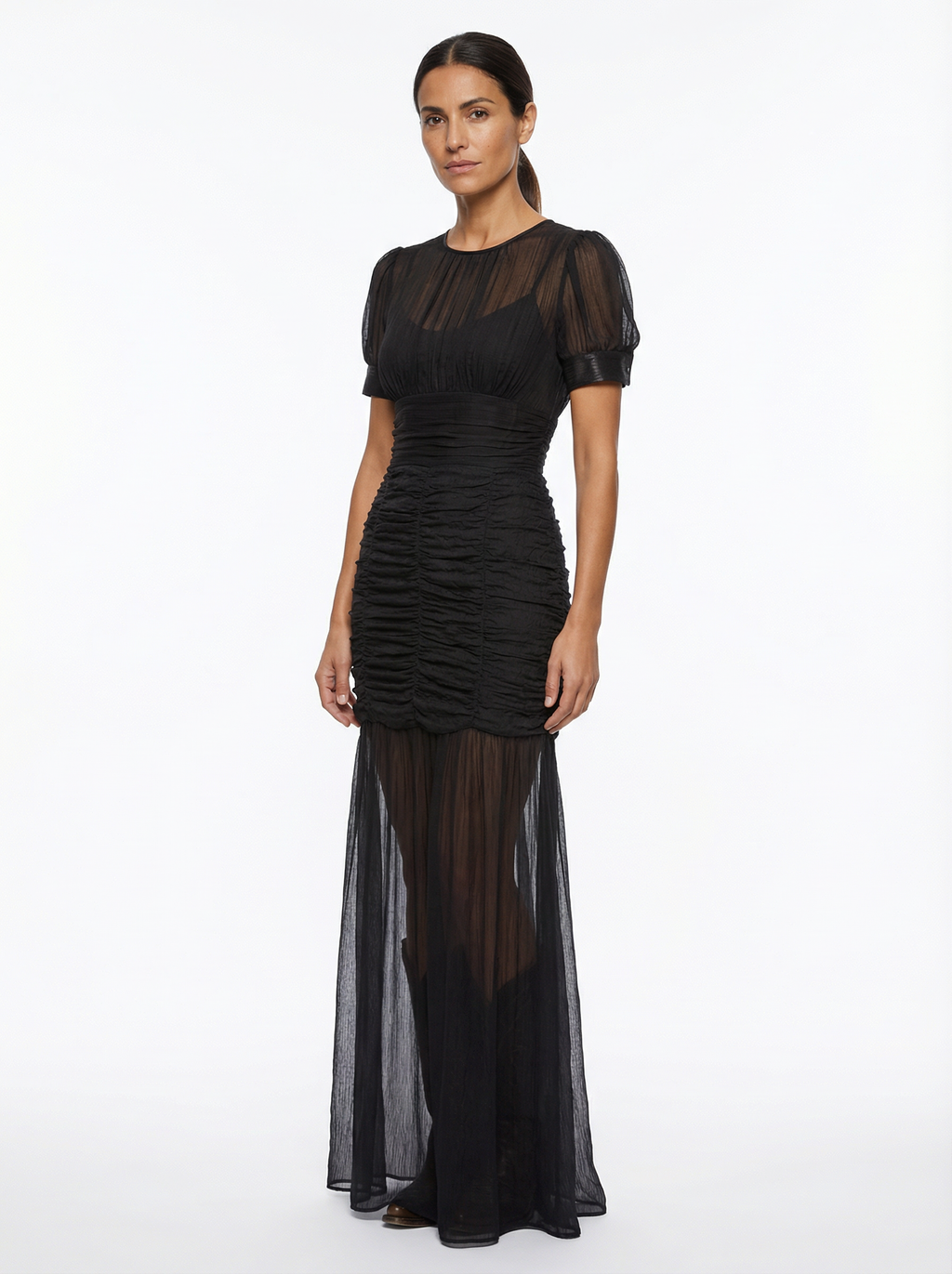 Maxi Dress Women Pleated Button Front Short Sleeve Defined Waist