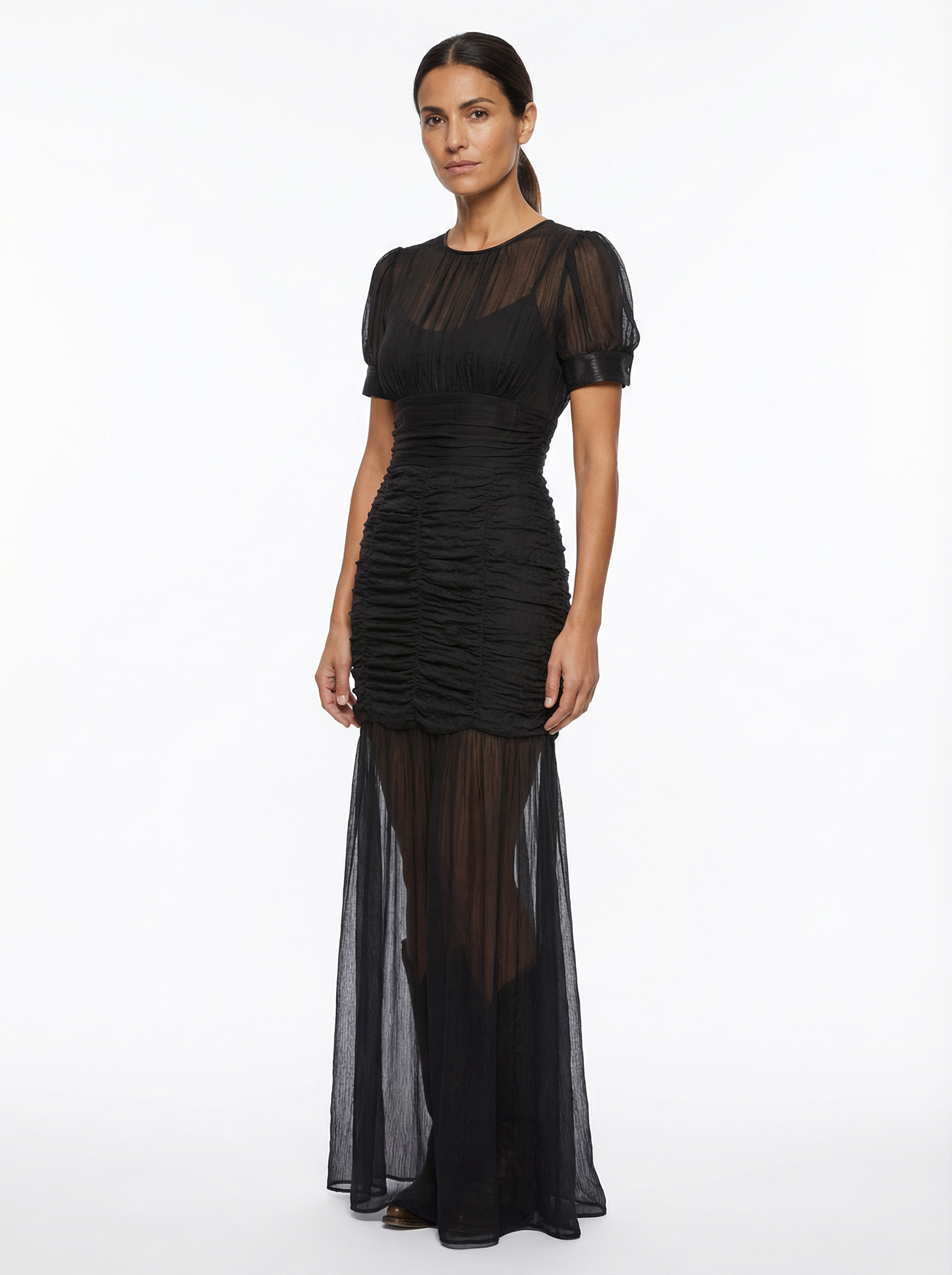 Maxi Dress Women Pleated Button Front Short Sleeve Defined Waist