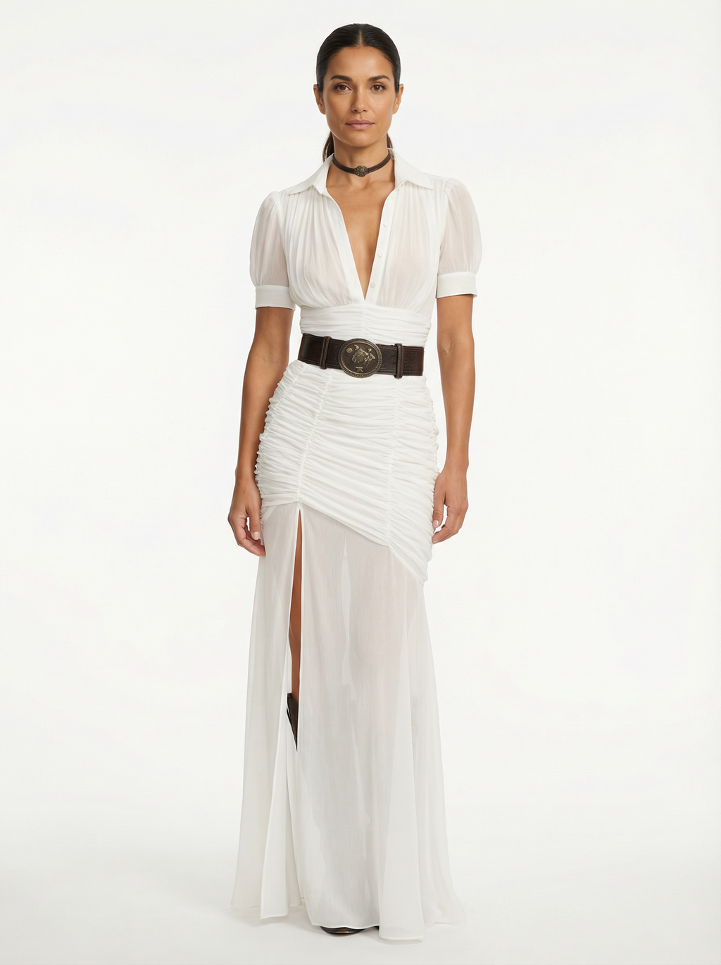 Maxi Dress Women Pleated Button Front Short Sleeve Defined Waist