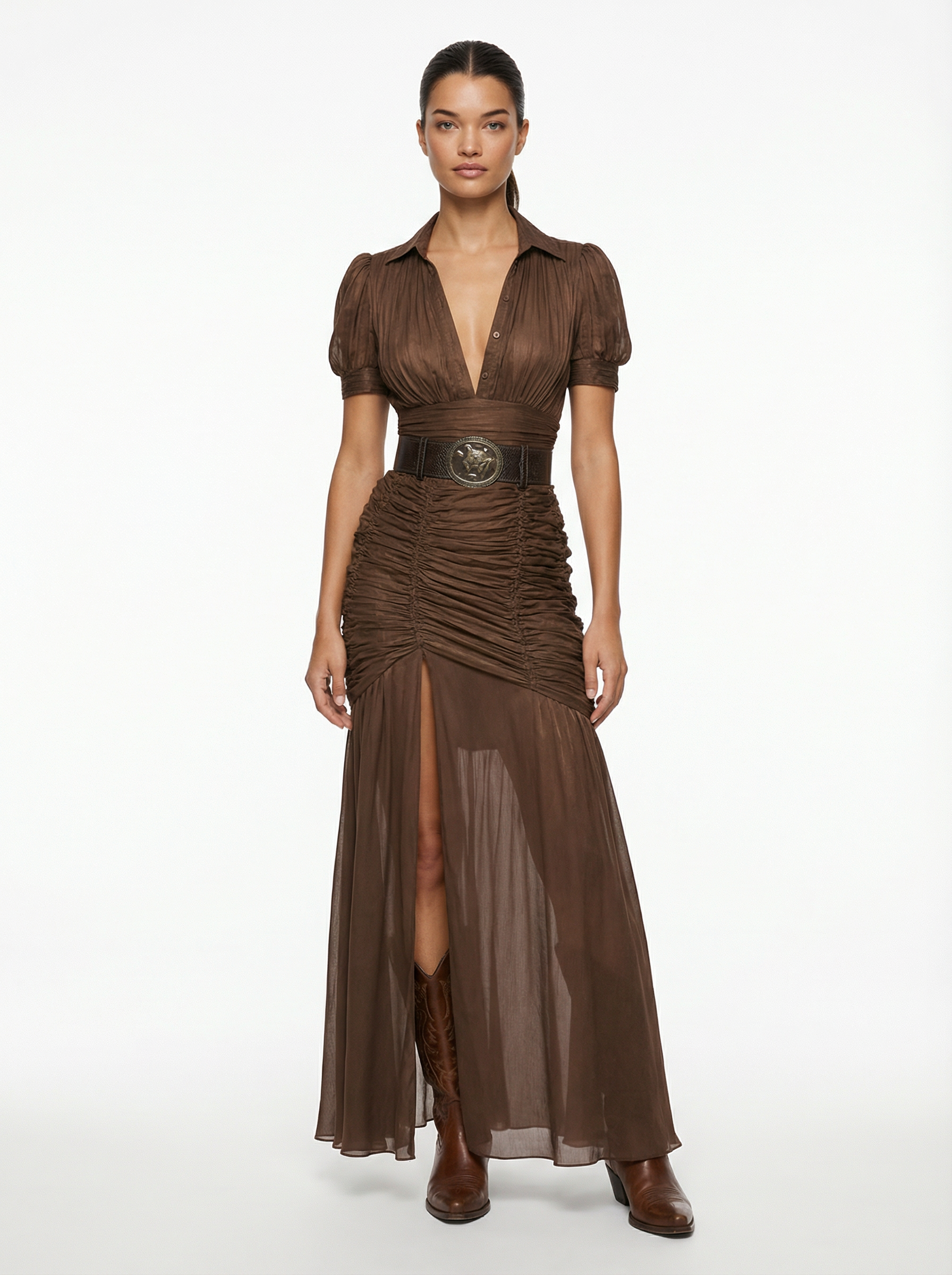 Maxi Dress Women Pleated Button Front Short Sleeve Defined Waist