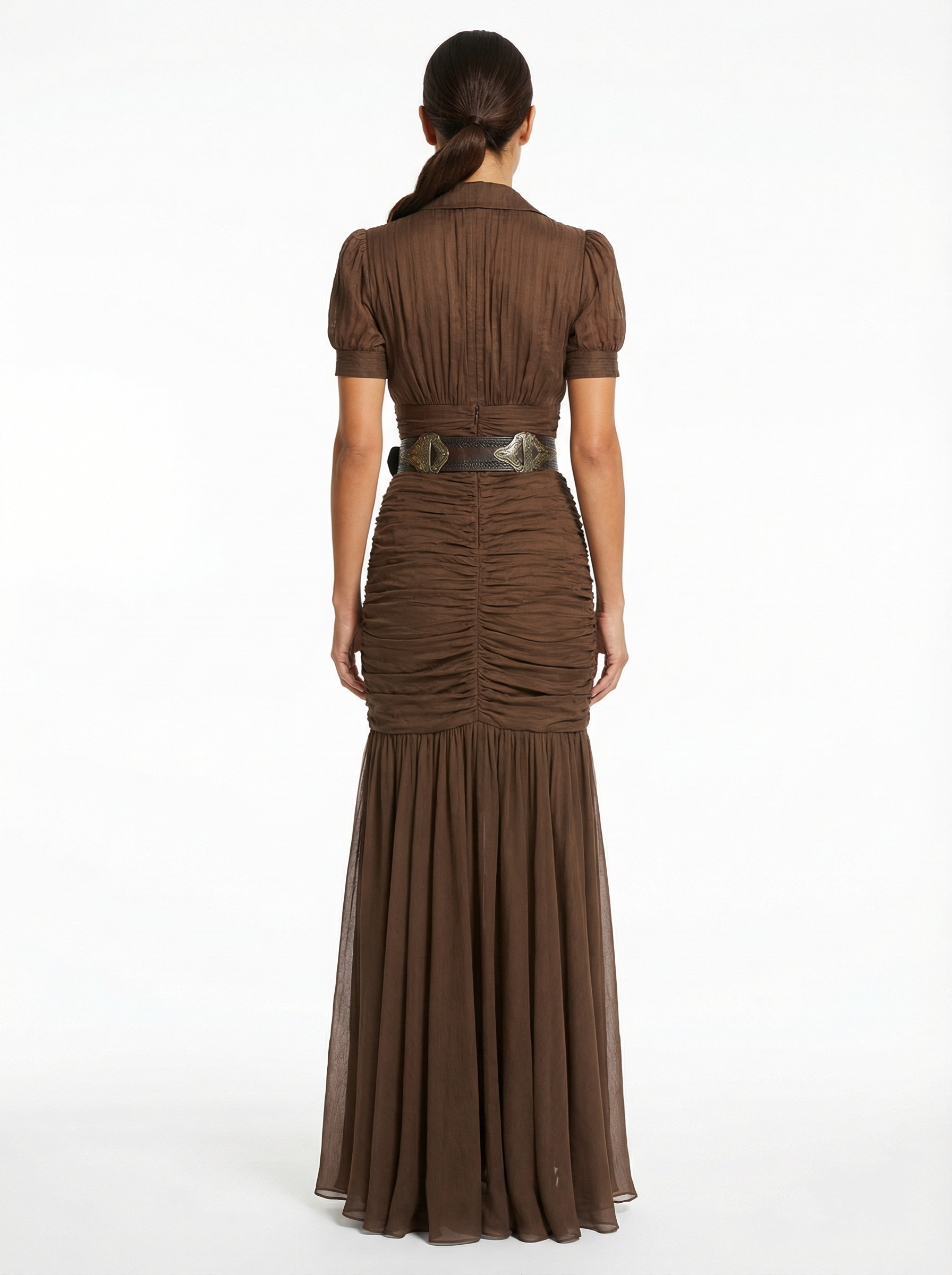 Maxi Dress Women Pleated Button Front Short Sleeve Defined Waist