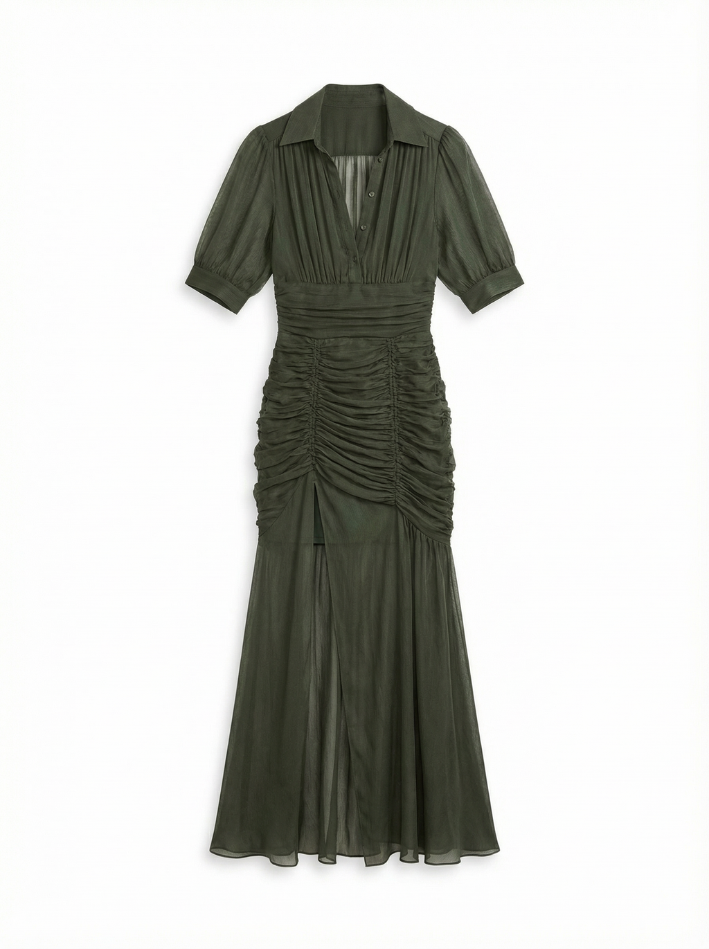 Maxi Dress Women Pleated Button Front Short Sleeve Defined Waist