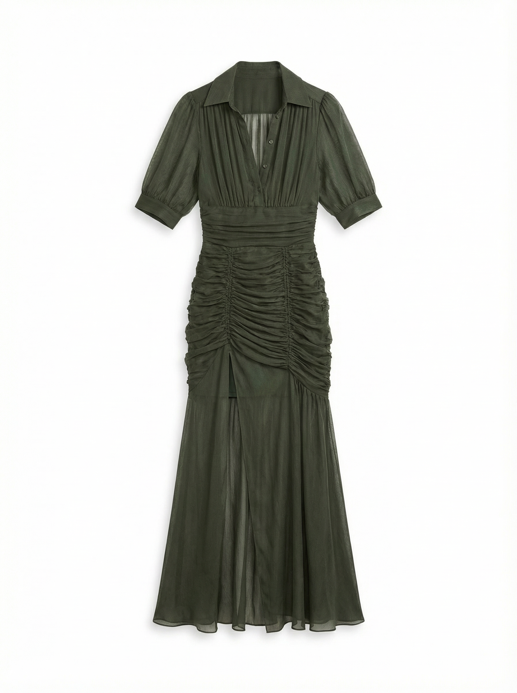 Maxi Dress Women Pleated Button Front Short Sleeve Defined Waist