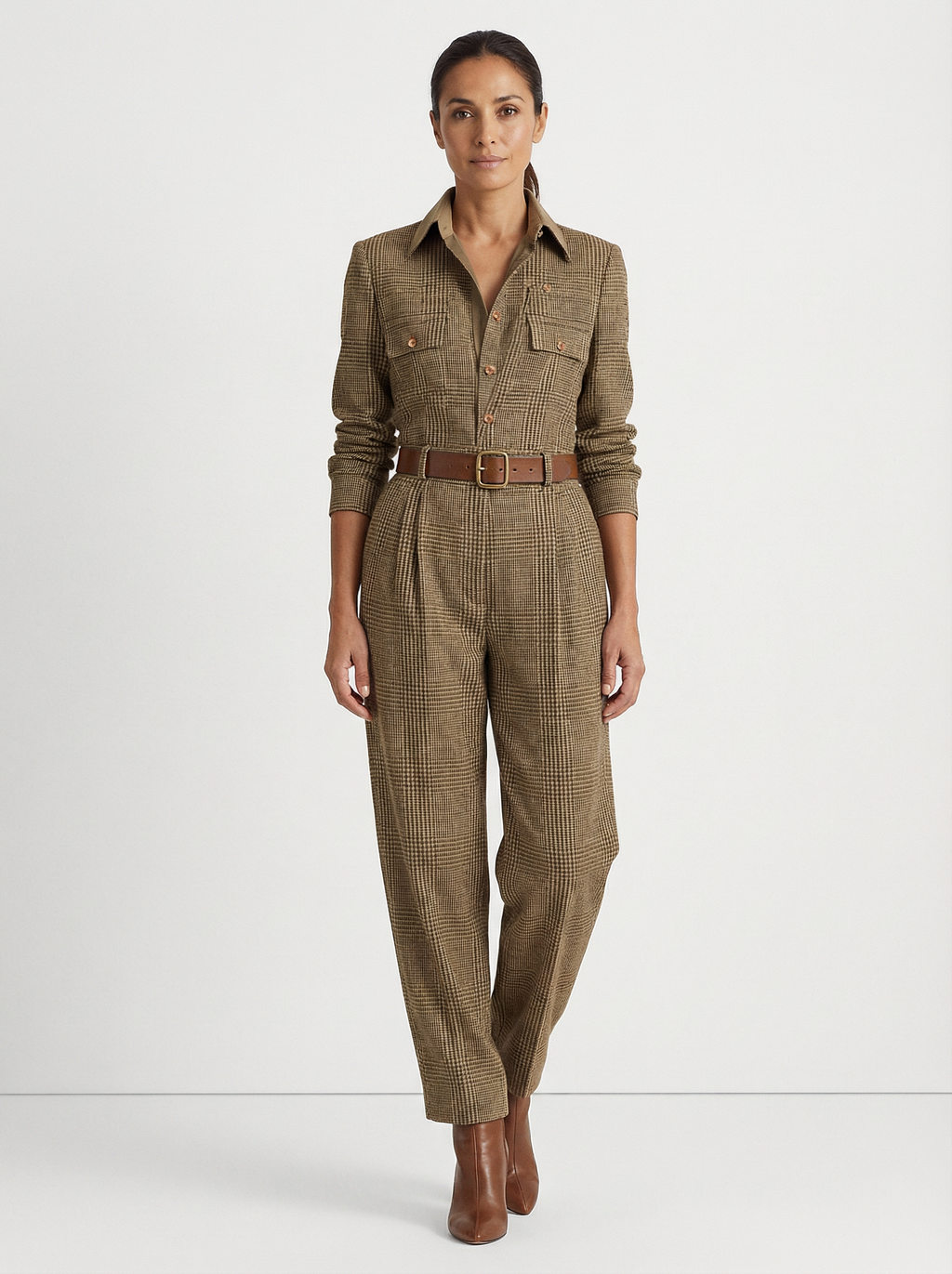 Jumpsuit Women Plaid Pattern Full-Length Wide Leg Front Pockets