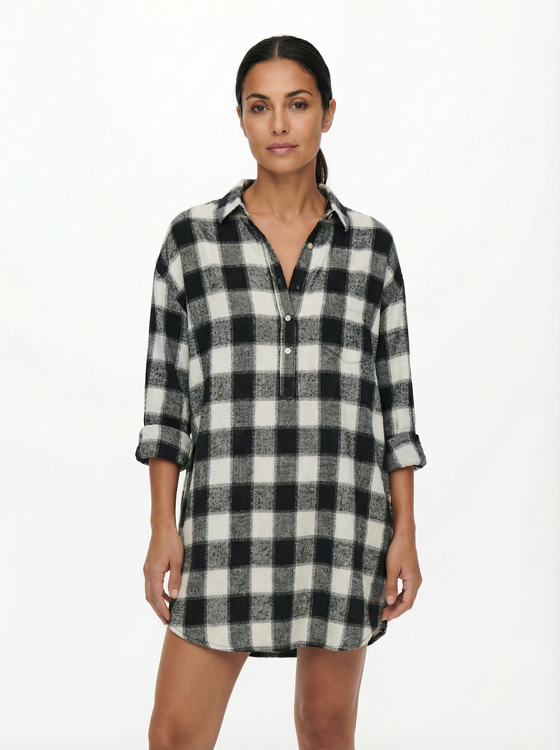 Mini Dress Women Plaid Pattern Henley Collar Long Sleeve Relaxed Silhouette
