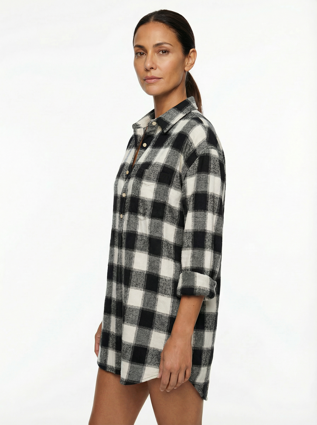 Mini Dress Women Plaid Pattern Henley Collar Long Sleeve Relaxed Silhouette