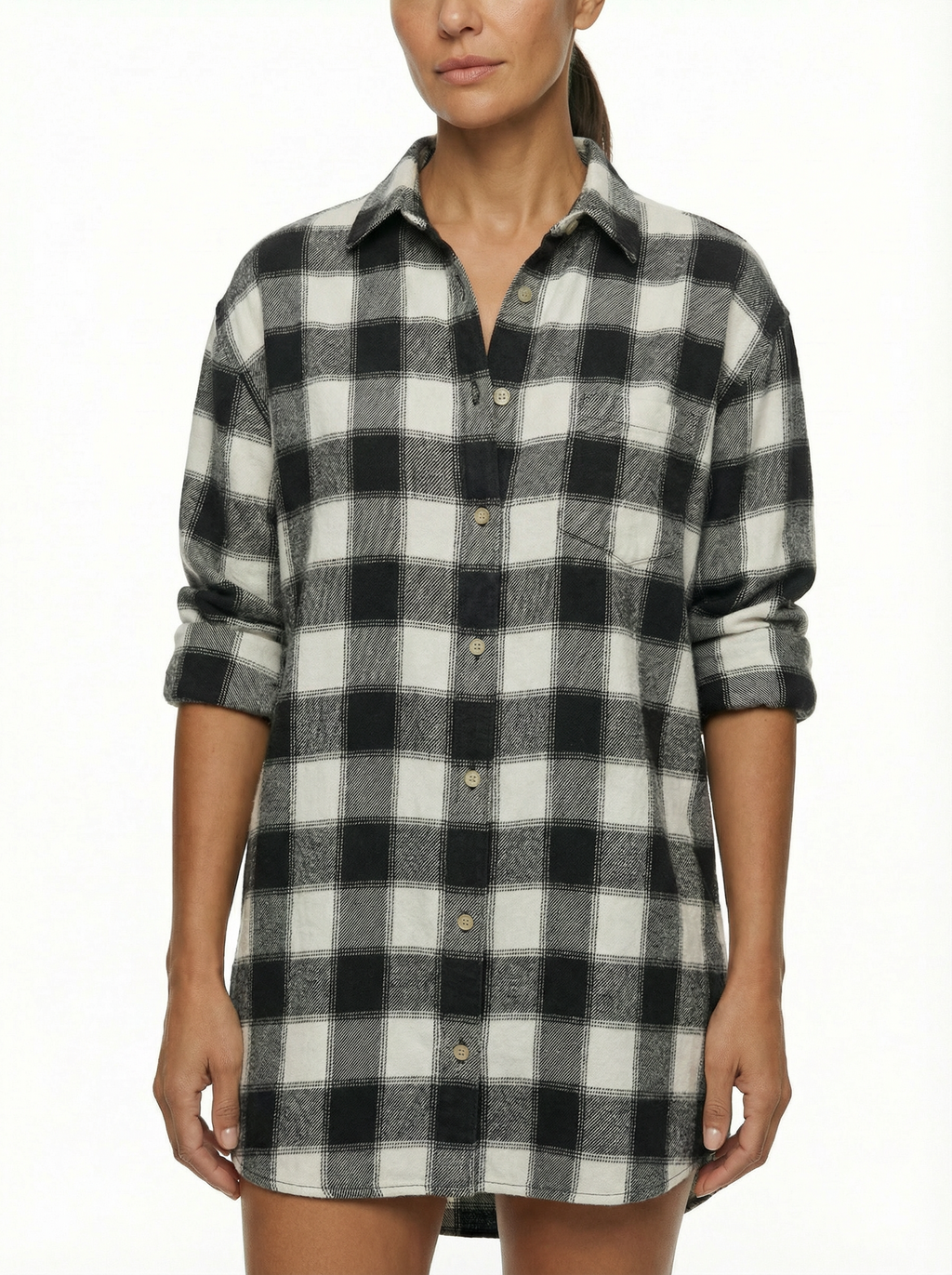Mini Dress Women Plaid Pattern Henley Collar Long Sleeve Relaxed Silhouette