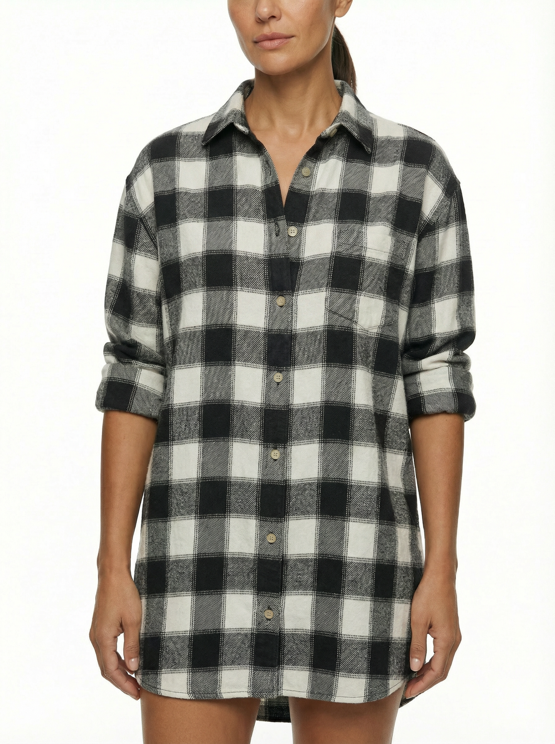 Mini Dress Women Plaid Pattern Henley Collar Long Sleeve Relaxed Silhouette