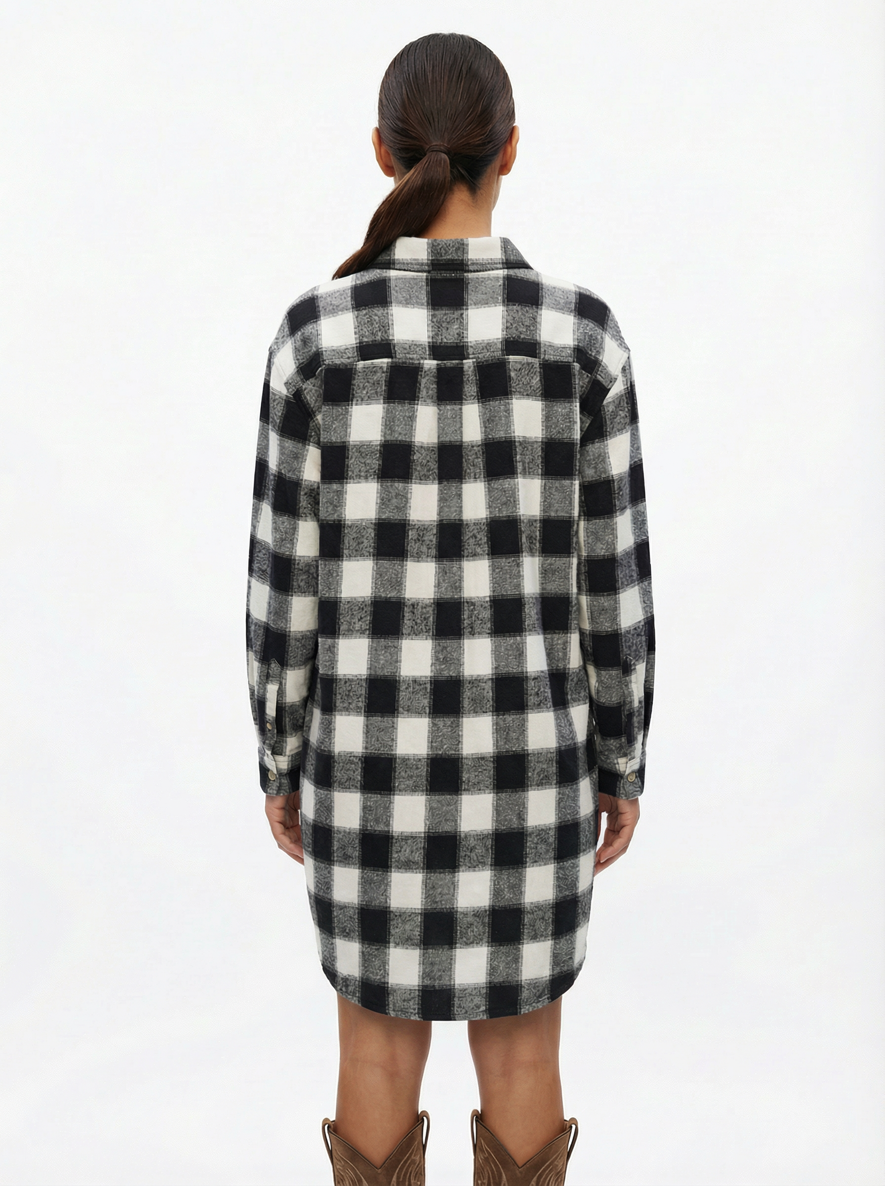 Mini Dress Women Plaid Pattern Henley Collar Long Sleeve Relaxed Silhouette