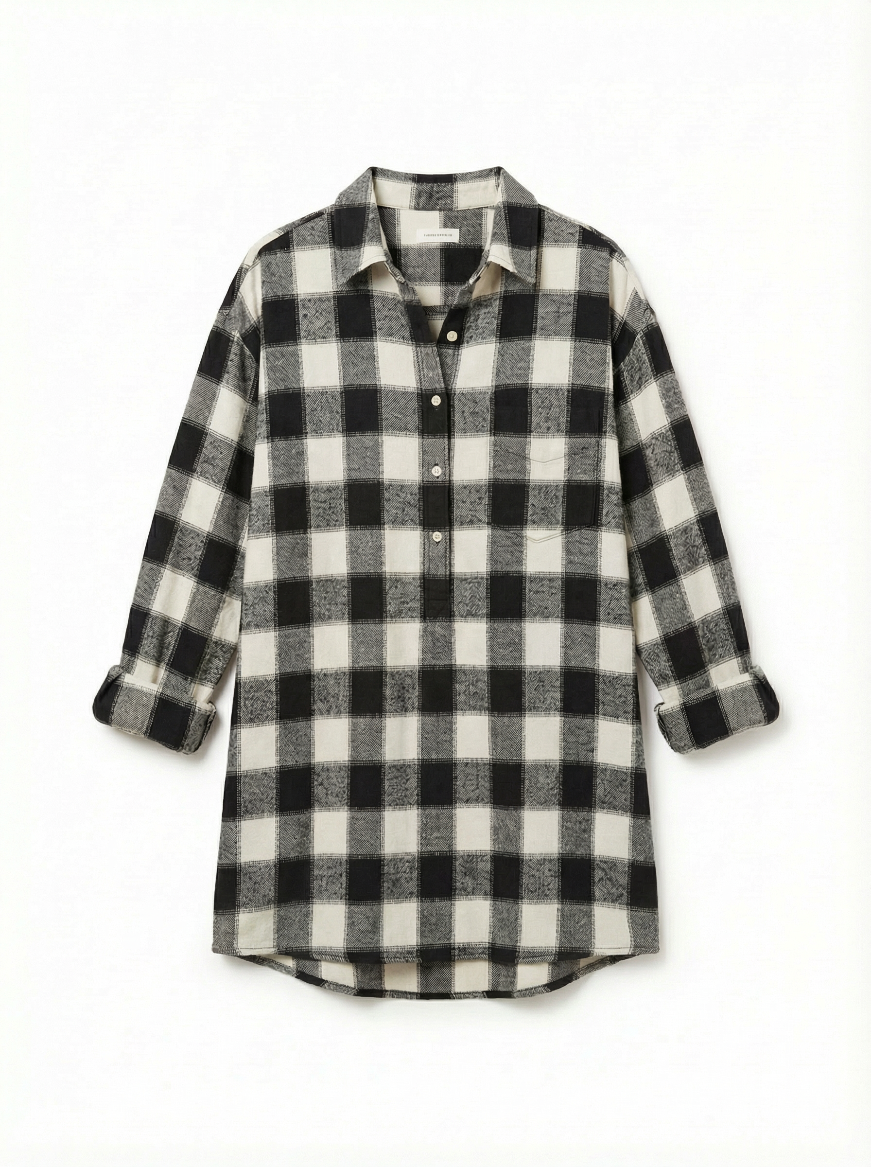 Mini Dress Women Plaid Pattern Henley Collar Long Sleeve Relaxed Silhouette