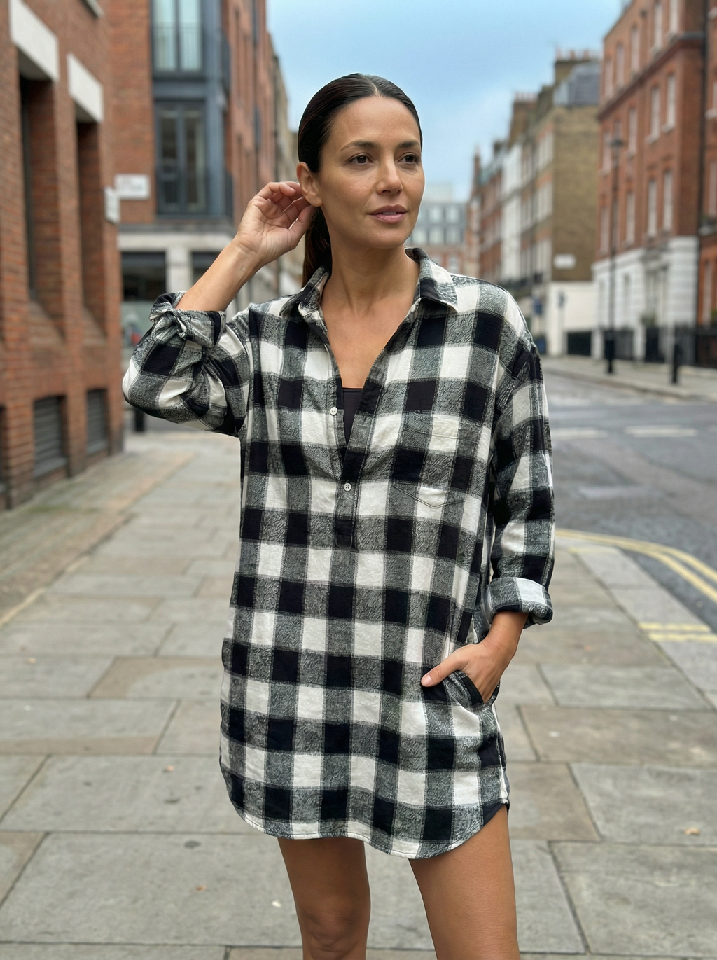 Mini Dress Women Plaid Pattern Henley Collar Long Sleeve Relaxed Silhouette