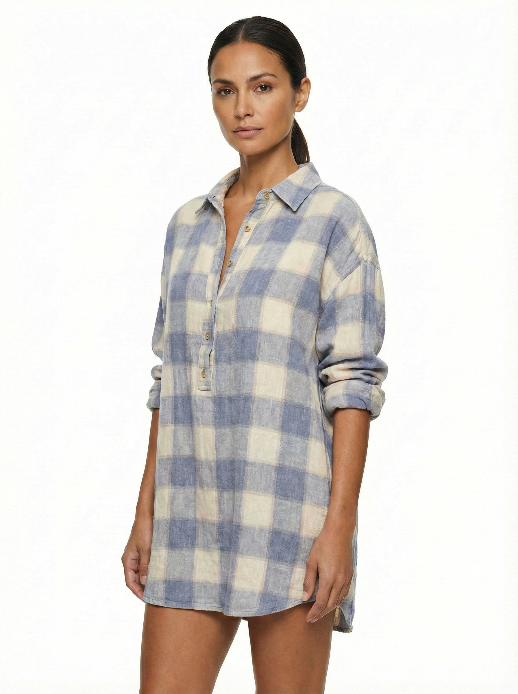 Mini Dress Women Plaid Pattern Henley Collar Long Sleeve Relaxed Silhouette