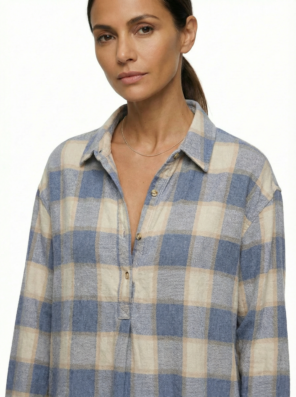 Mini Dress Women Plaid Pattern Henley Collar Long Sleeve Relaxed Silhouette