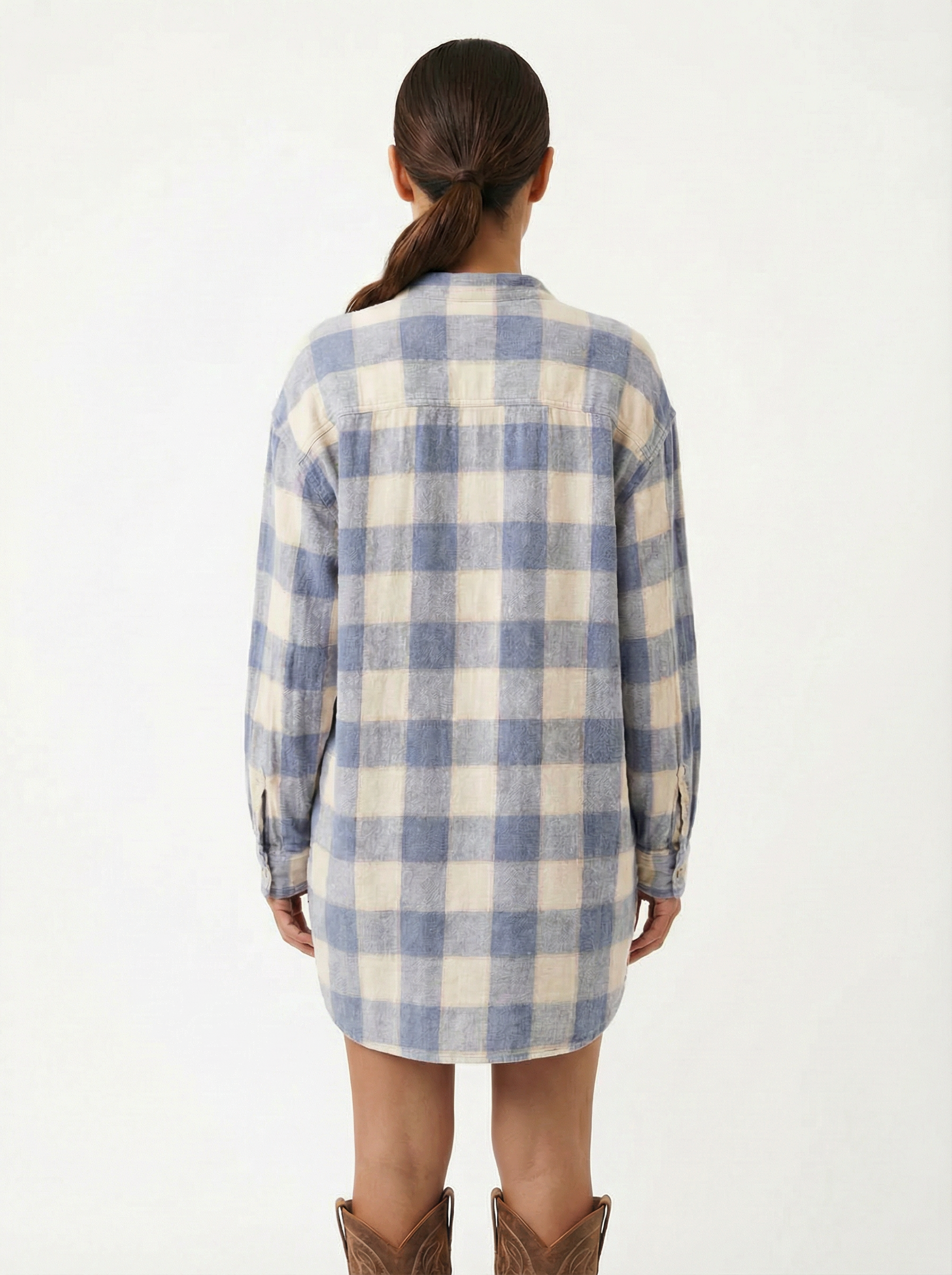 Mini Dress Women Plaid Pattern Henley Collar Long Sleeve Relaxed Silhouette