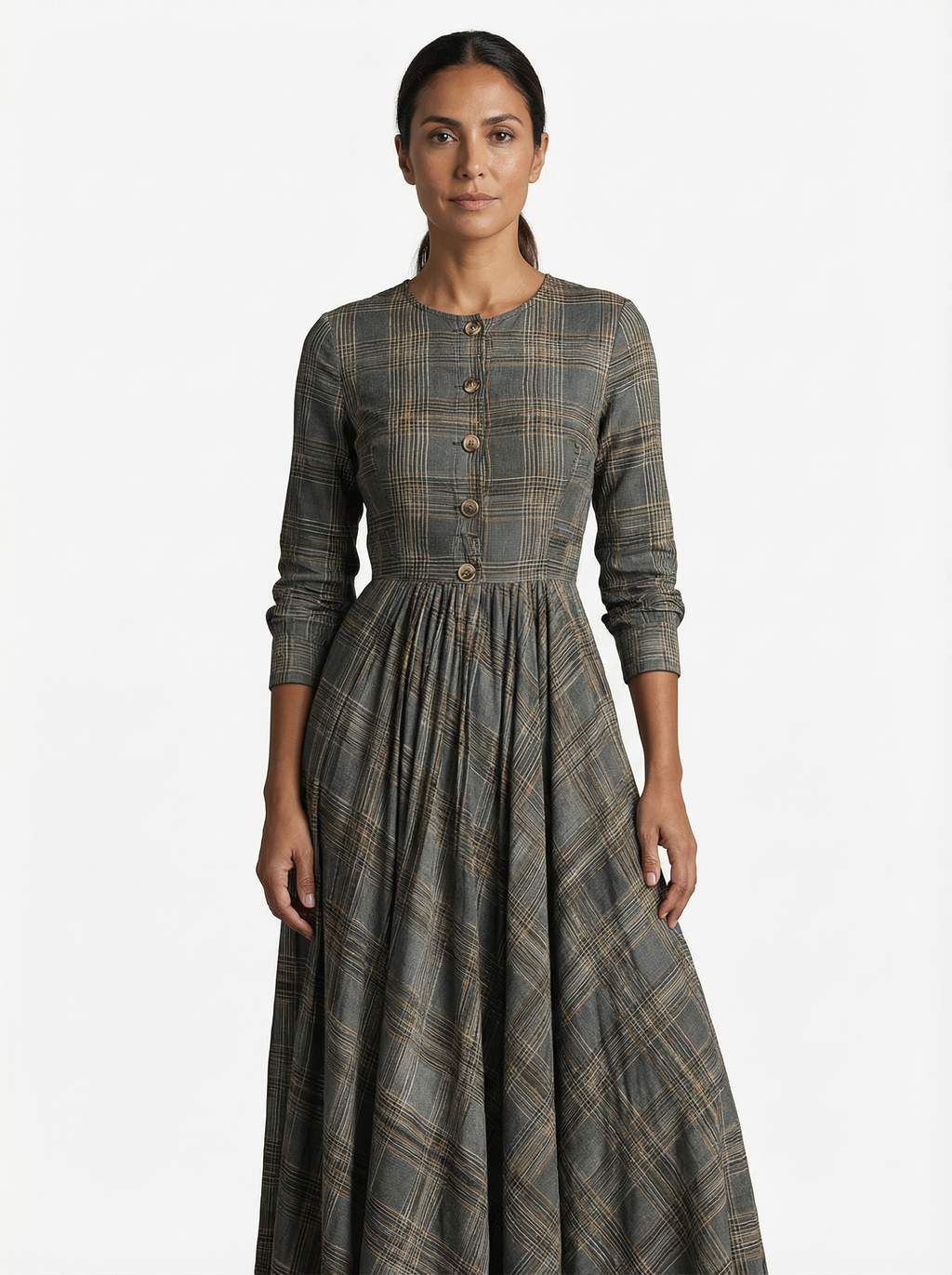 Maxi Dress Women Tartan Pattern Flared Silhouette V-Neck Long Sleeve