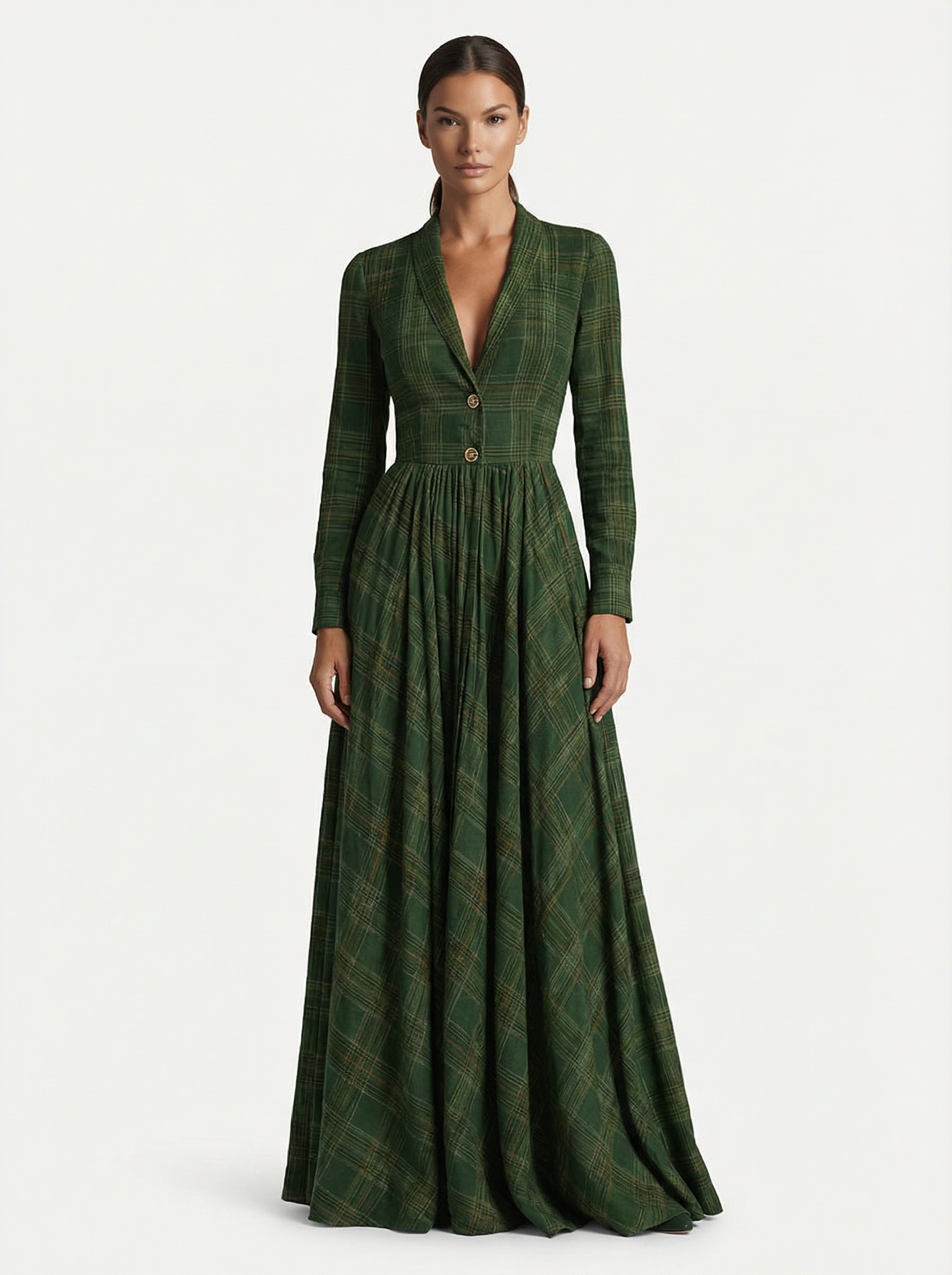 Maxi Dress Women Tartan Pattern Flared Silhouette V-Neck Long Sleeve