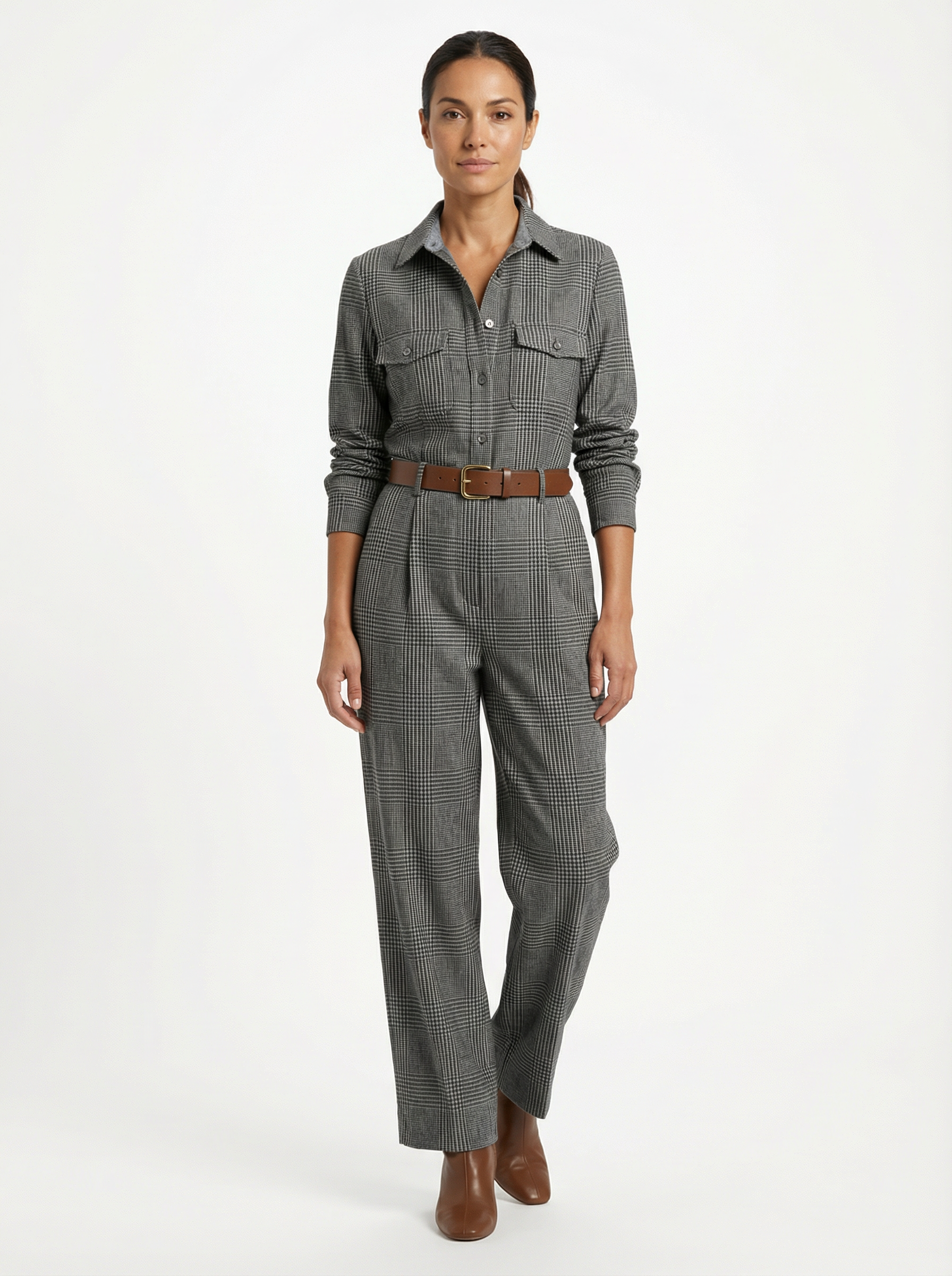 Jumpsuit Women Plaid Pattern Full-Length Wide Leg Front Pockets