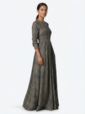 Maxi Dress Women Tartan Pattern Flared Silhouette V-Neck Long Sleeve