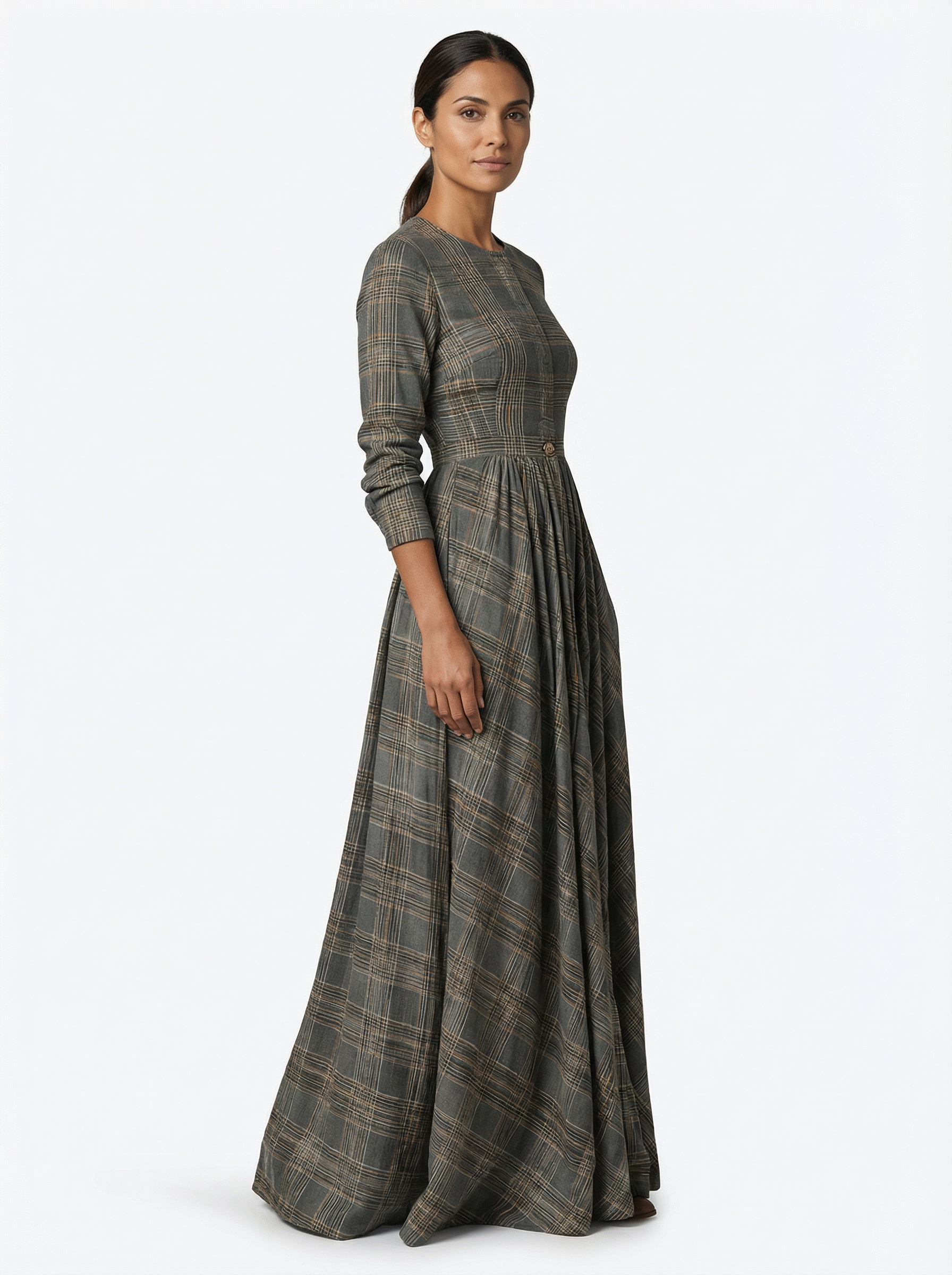 Maxi Dress Women Tartan Pattern Flared Silhouette V-Neck Long Sleeve