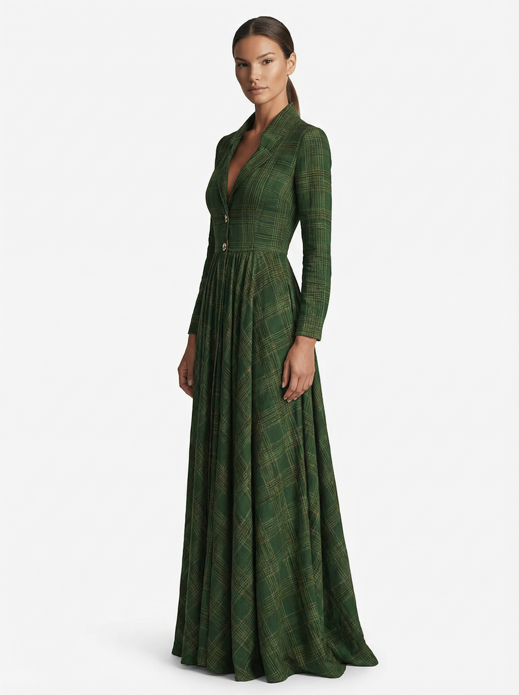 Maxi Dress Women Tartan Pattern Flared Silhouette V-Neck Long Sleeve
