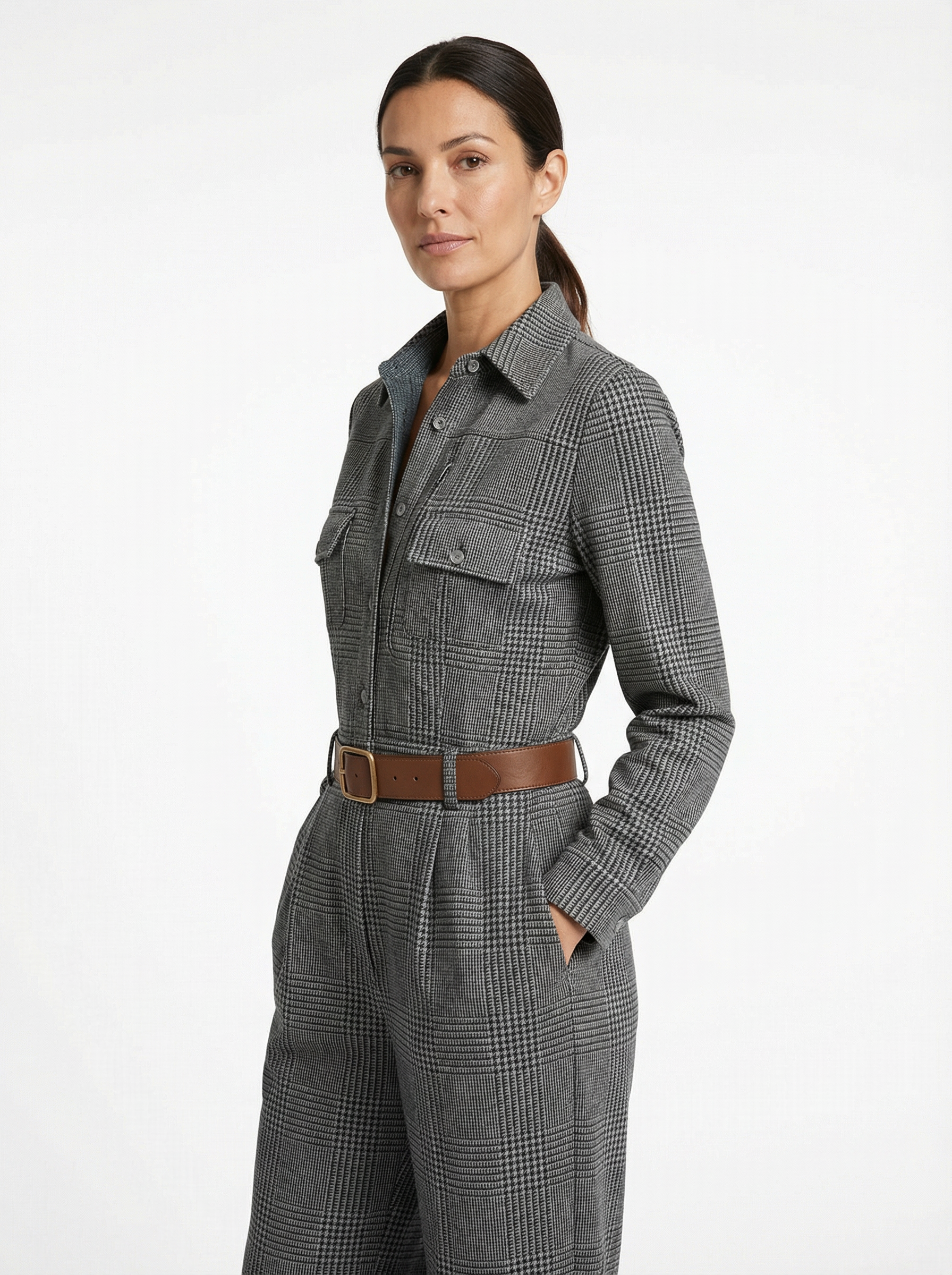 Jumpsuit Women Plaid Pattern Full-Length Wide Leg Front Pockets