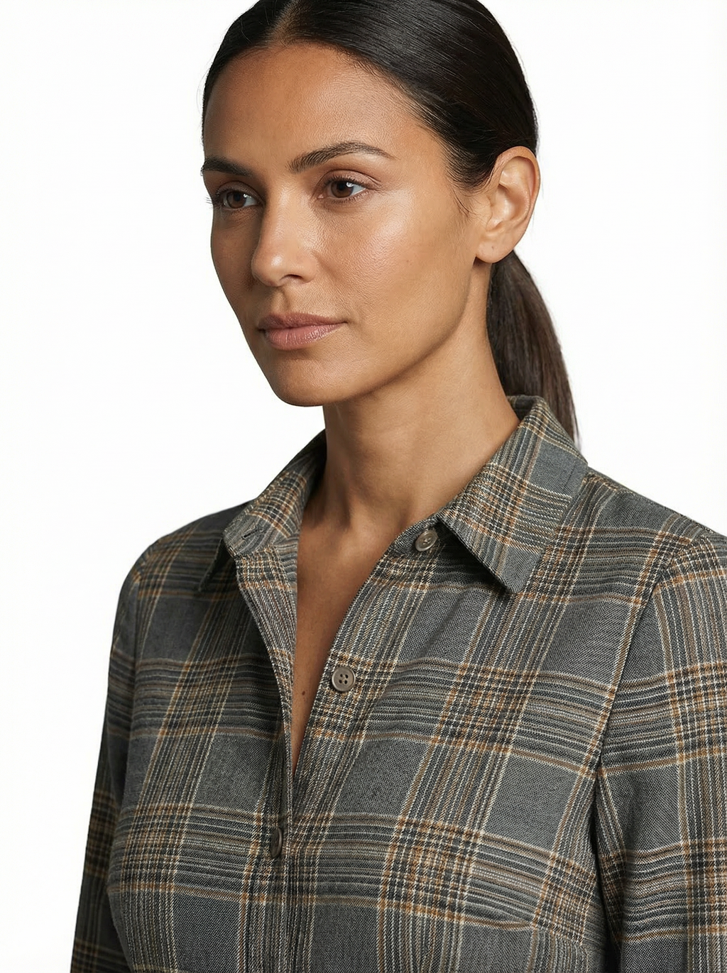 Maxi Dress Women Tartan Pattern Flared Silhouette V-Neck Long Sleeve