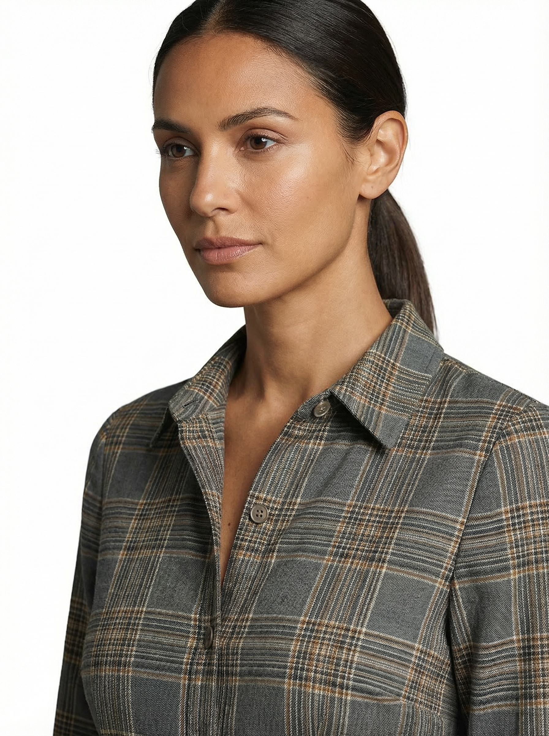 Maxi Dress Women Tartan Pattern Flared Silhouette V-Neck Long Sleeve