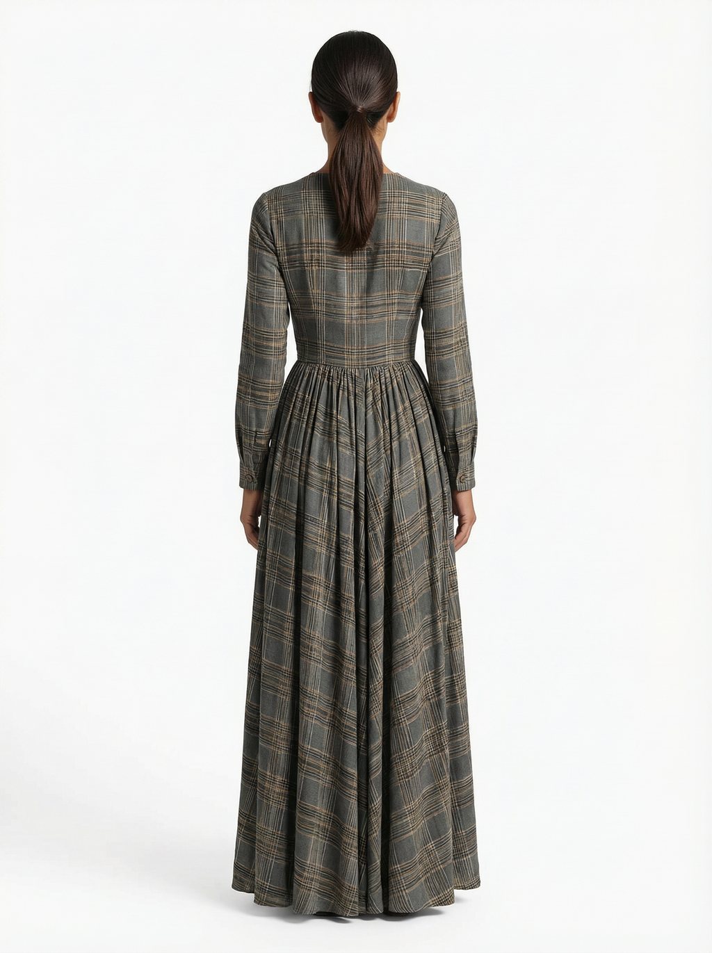 Maxi Dress Women Tartan Pattern Flared Silhouette V-Neck Long Sleeve
