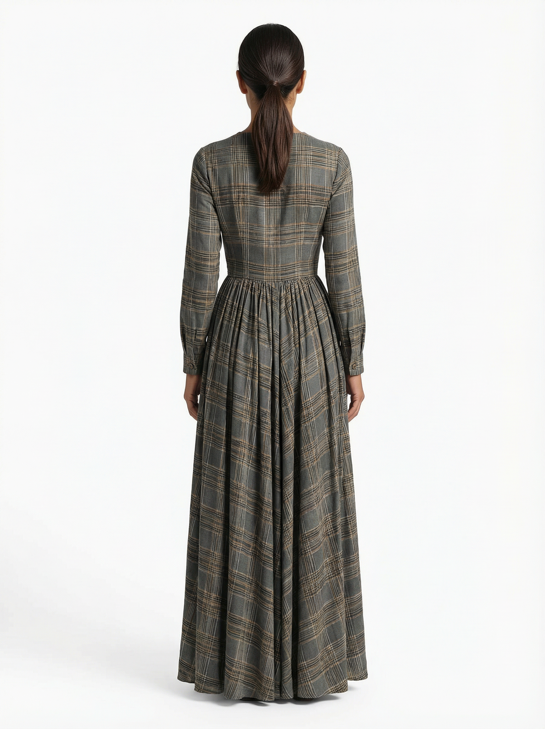 Maxi Dress Women Tartan Pattern Flared Silhouette V-Neck Long Sleeve
