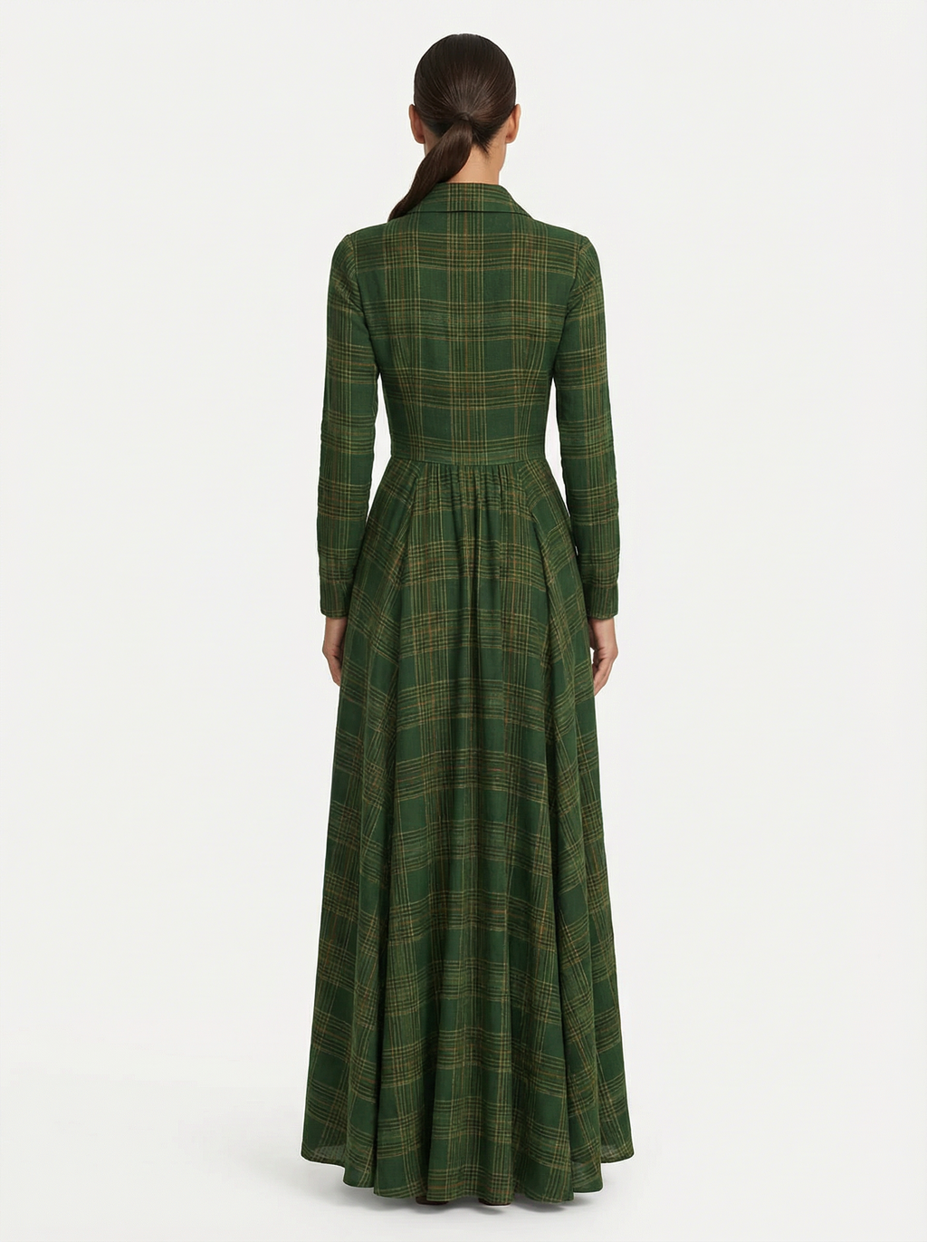 Maxi Dress Women Tartan Pattern Flared Silhouette V-Neck Long Sleeve