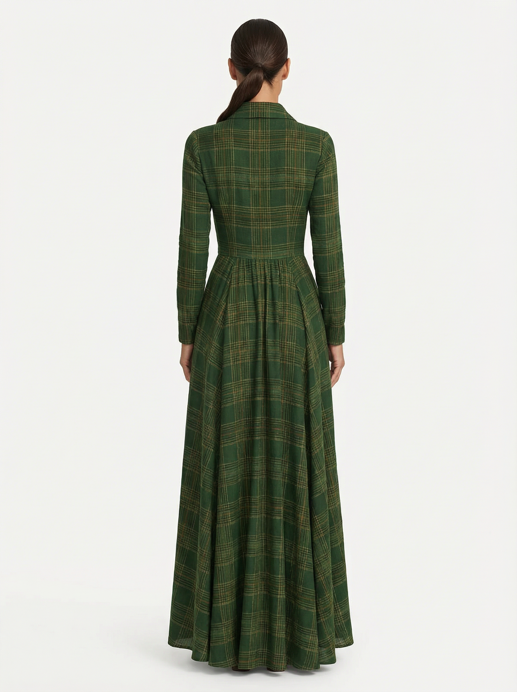Maxi Dress Women Tartan Pattern Flared Silhouette V-Neck Long Sleeve