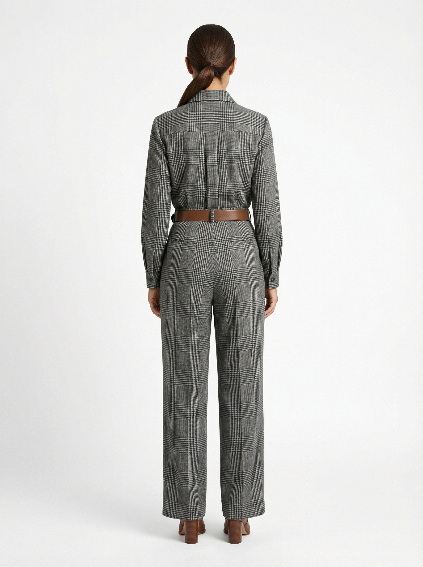 Jumpsuit Women Plaid Pattern Full-Length Wide Leg Front Pockets