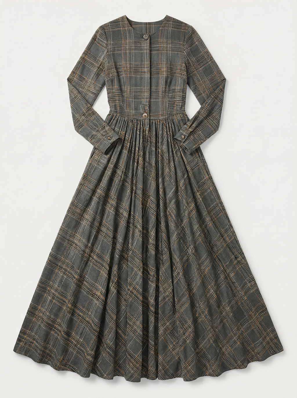 Maxi Dress Women Tartan Pattern Flared Silhouette V-Neck Long Sleeve