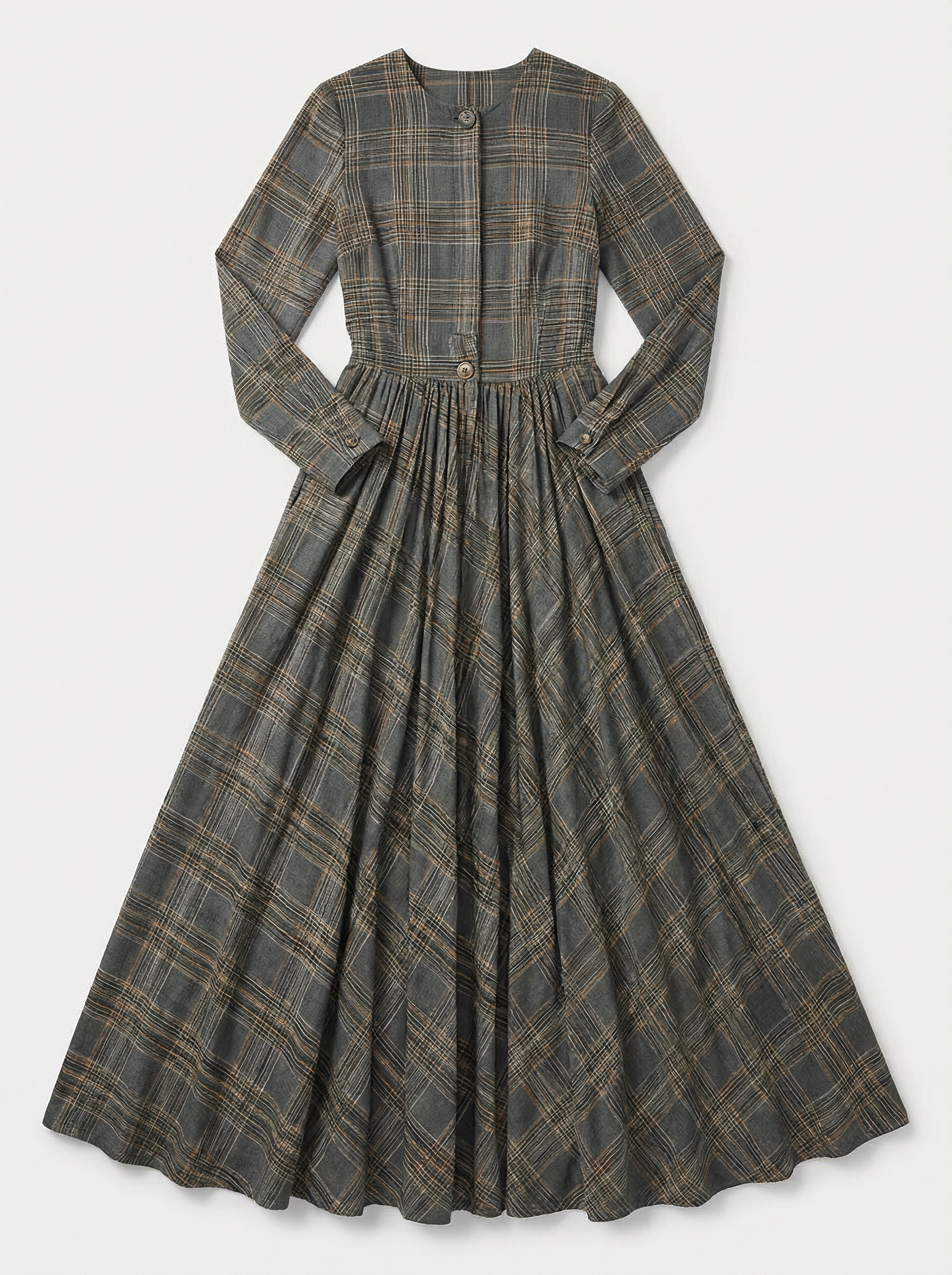 Maxi Dress Women Tartan Pattern Flared Silhouette V-Neck Long Sleeve