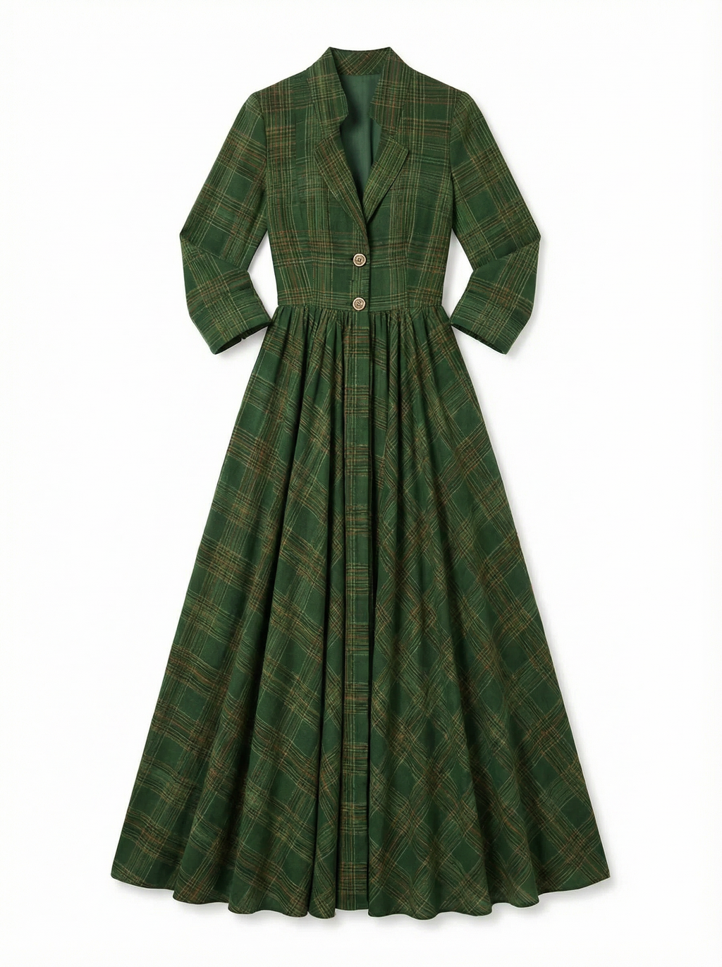 Maxi Dress Women Tartan Pattern Flared Silhouette V-Neck Long Sleeve