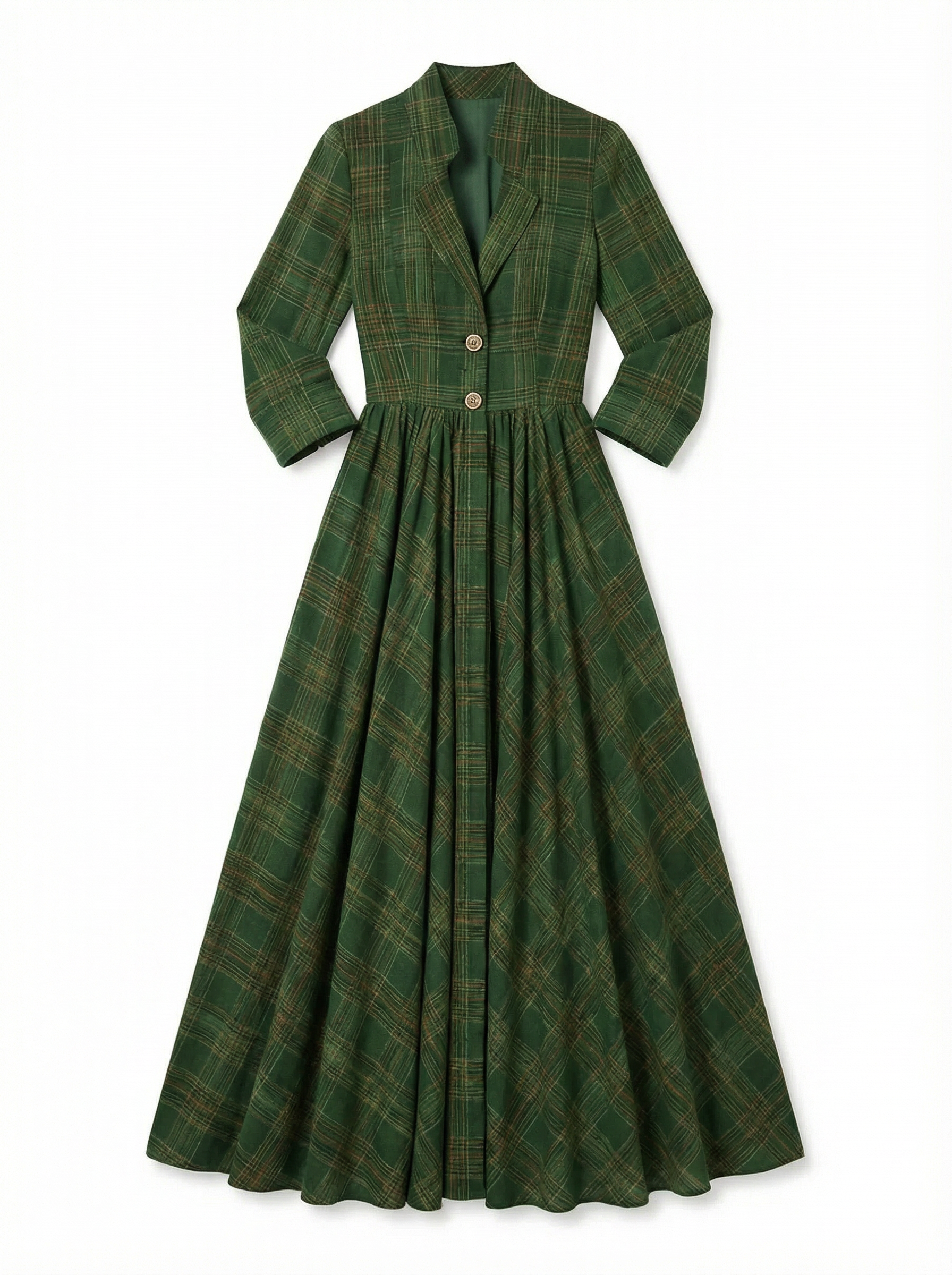 Maxi Dress Women Tartan Pattern Flared Silhouette V-Neck Long Sleeve