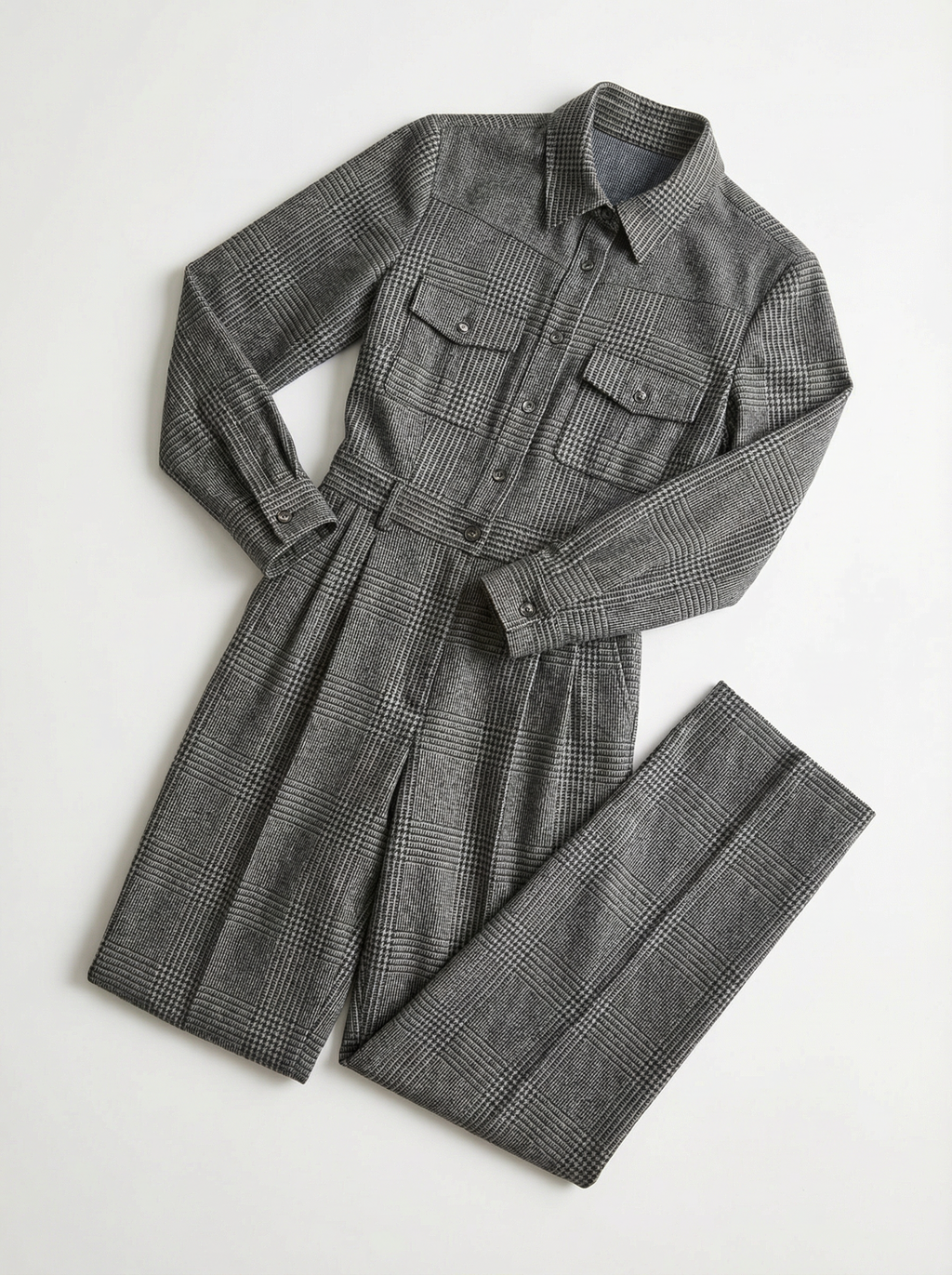 Jumpsuit Women Plaid Pattern Full-Length Wide Leg Front Pockets